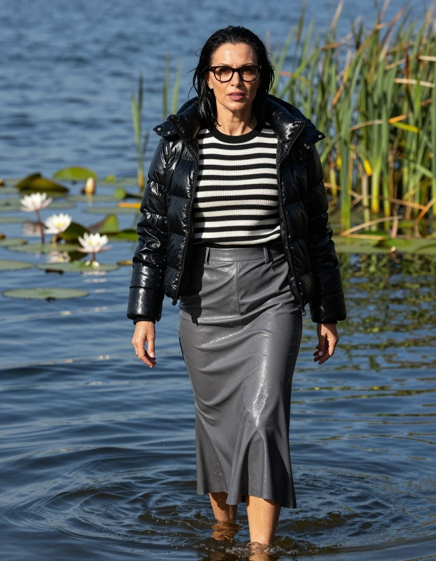 photo of young woman, in soaking wet, drenched clothes,
high-heeled shoes, gray leather flared maxi skirt, shiny black & white striped sweater, maxi shiny black down jacket, Swimming complete submerged under very deep sunny lake with water lilies and reeds, 
enjoying, wet clothes stuck to body,
detailed textures of the wet clothes, wet face, wet plastered hair,
wet, drenched, professional, high-quality details, full body view.
sharp focus, ultra-high pixel detail, realistic, high-quality, full colors, incredibly detailed, 4k, 8k, 16k, hyper-realistic, RAW photo, masterpiece, ultra-detailed, professionally color graded, professional photograph, europen brunette skinny woman 50 years old, long dark black hair, office glasses, very big and thick lips, complete body, wet skin, wet clothes, damp fabric, wet skin, wet clothes, damp fabric, wet skin, wet clothes, damp fabric, wet skin, wet clothes, damp fabric, wet skin, wet clothes, damp fabric, wet skin, wet clothes, damp fabric, wet skin, wet clothes, damp fabric