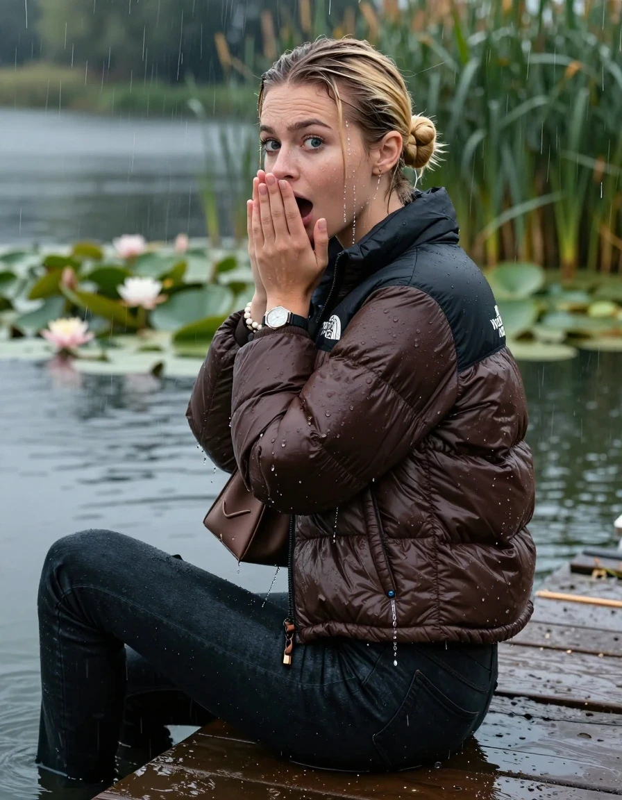 photo of young woman, in soaking wet, drenched clothes,
, Dark skinny jeans, brown north face puffer down jacket, Open jacket, tight v-neck sweater, shoulderbag, pearl necklace, bracelet, wristwatch,  jetty by the lake with water lilies and reeds, 
enjoying, wet clothes stuck to body,
detailed textures of the wet clothes, wet face, wet plastered hair,
wet, drenched, professional, high-quality details, full body view.
sharp focus, ultra-high pixel detail, realistic, high-quality, full colors, incredibly detailed, 4k, 8k, 16k, hyper-realistic, RAW photo, masterpiece, ultra-detailed, professionally color graded, professional photograph, A realistic vertical fashion photograph taken from a backward, behind-the-back angle of a 21-year-old teenage girl sitting on a jetty by the lake after diving in the water, facing to the camera to show her back. She is tilting her head at camera, letting the water drench her hair so it is glued flat against her head and body. She has two blonde sleek bun , completely saturated and dripping wet hair, with water cascading down her face and neck. Afraid and astonished expression. cover her mouth with her hands. open mouth, big eyes. The lighting is bright and cinematic, highlighting the glistening water droplets on her skin and the saturated texture of her  casual clothes. Heavy rain is visible falling against her. Soft, moody indoor lighting with reflections on the water. High-quality fashion photography style.
her clothing is soaking wet and clinging tightly to her skin, showing heavy wet folds, darkened fabric texture, and deep water-saturated Patches, her clothes are heavy from the water, water runs from her body and her clothes in streams. A lot of water also runs out of her clothes. Her clothes are darkened by the water. 
hyper-realistic wetness, high-contrast water sheen, sharp focus, 16k resolution, professional photography, realistic water physics., wet skin, wet clothes, damp fabric, wet skin, wet clothes, damp fabric, wet skin, wet clothes, damp fabric, wet skin, wet clothes, damp fabric, wet skin, wet clothes, damp fabric, wet skin, wet clothes, damp fabric, wet skin, wet clothes, damp fabric, wet skin, wet clothes, damp fabric, wet skin, wet clothes, damp fabric, wet skin, wet clothes, damp fabric, wet skin, wet clothes, damp fabric, wet skin, wet clothes, damp fabric, wet skin, wet clothes, damp fabric, wet skin, wet clothes, damp fabric, wet skin, wet clothes, damp fabric, wet skin, wet clothes, damp fabric, wet skin, wet clothes, damp fabric, wet skin, wet clothes, damp fabric, wet skin, wet clothes, damp fabric