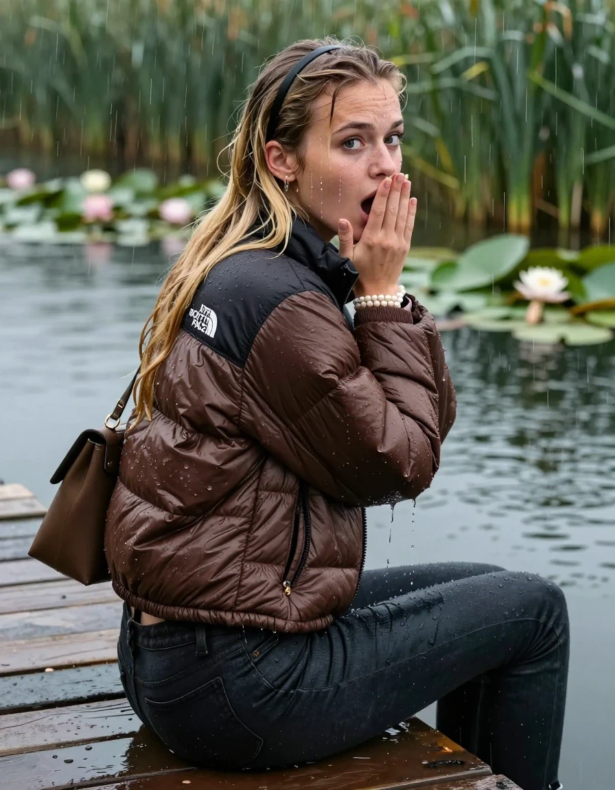 photo of young woman, in soaking wet, drenched clothes,
, tight Dark skinny jeans, brown north face puffer down jacket, Open jacket, tight v-neck sweater, shoulderbag, pearl necklace, bracelet, wristwatch,  jetty by the lake with water lilies and reeds, 
enjoying, wet clothes stuck to body,
detailed textures of the wet clothes, wet face, wet plastered hair,
wet, drenched, professional, high-quality details, full body view.
sharp focus, ultra-high pixel detail, realistic, high-quality, full colors, incredibly detailed, 4k, 8k, 16k, hyper-realistic, RAW photo, masterpiece, ultra-detailed, professionally color graded, professional photograph, A realistic vertical fashion photograph taken from a backward, behind-the-back angle of a 18-year-old teenage girl sitting on a jetty by the lake after diving in the water, facing to the camera to show her back. She is tilting her head at camera, letting the water drench her hair so it is glued flat against her head and body. She has two blonde sleek very long straight hair with hairband  , completely saturated and dripping wet hair, with water cascading down her face and neck. Afraid and astonished expression. cover her mouth with her hands. open mouth, big eyes. The lighting is bright and cinematic, highlighting the glistening water droplets on her clothes and the saturated texture of her  casual clothes. Heavy rain is visible falling against her. Soft, moody indoor lighting with reflections on the water. High-quality fashion photography style.
her clothing is soaking wet and clinging tightly to her skin, showing heavy wet folds, darkened fabric texture, and deep water-saturated Patches, her clothes are heavy from the water, water runs from her body and her clothes in streams. A lot of water also runs out of her clothes. Her clothes are darkened by the water. 
hyper-realistic wetness, high-contrast water sheen, sharp focus, 16k resolution, professional photography, realistic water physics., wet skin, wet clothes, damp fabric, wet skin, wet clothes, damp fabric, wet skin, wet clothes, damp fabric, wet skin, wet clothes, damp fabric, wet skin, wet clothes, damp fabric, wet skin, wet clothes, damp fabric, wet skin, wet clothes, damp fabric, wet skin, wet clothes, damp fabric, wet skin, wet clothes, damp fabric, wet skin, wet clothes, damp fabric, wet skin, wet clothes, damp fabric, wet skin, wet clothes, damp fabric, wet skin, wet clothes, damp fabric, wet skin, wet clothes, damp fabric, wet skin, wet clothes, damp fabric, wet skin, wet clothes, damp fabric, wet skin, wet clothes, damp fabric, wet skin, wet clothes, damp fabric, wet skin, wet clothes, damp fabric, wet skin, wet clothes, damp fabric