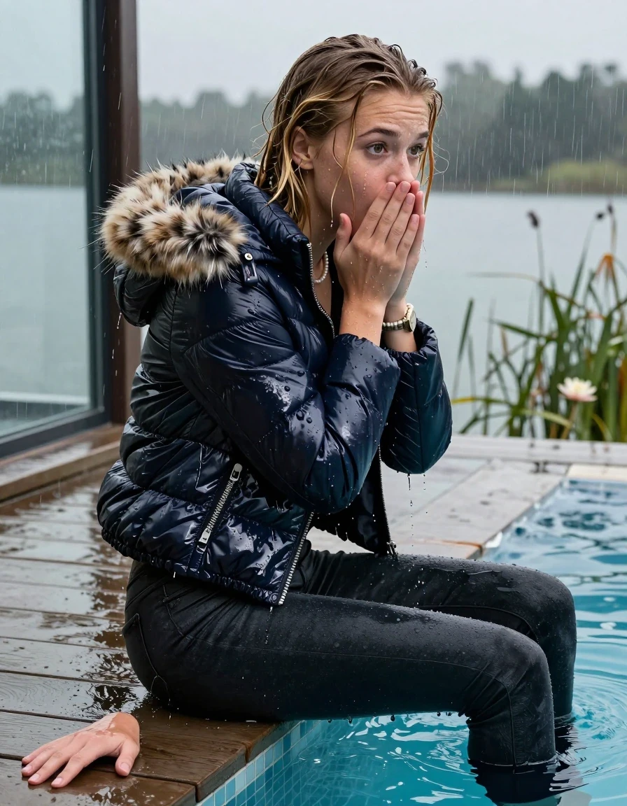 photo of young woman, in soaking wet, drenched clothes,
, Dark levis skinny jeans, Moncler shiny puffer down jacket with fur, Open jacket, tight v-neck sweater, shoulderbag, pearl necklace, bracelet, wristwatch, jetty by the lake with water lilies and reeds, 
enjoying, wet clothes stuck to body,
detailed textures of the wet clothes, wet face, wet plastered hair,
wet, drenched, professional, high-quality details, full body view.
sharp focus, ultra-high pixel detail, realistic, high-quality, full colors, incredibly detailed, 4k, 8k, 16k, hyper-realistic, RAW photo, masterpiece, ultra-detailed, professionally color graded, professional photograph, A realistic vertical fashion photograph taken from a backward, behind-the-back angle of a 15-year-old teenage girl sitting  and slides in a glass-walled outdoor swimming pool, facing down to the camera to show her back. She is tilting her head at camera, letting the water drench her hair so it is glued flat against her head and body. She has blonde Sleek long straight hair , completely saturated and dripping wet hair, with water cascading down her face and neck. Afraid and astonished expression. cover her mouth with her hands. open mouth, big eyes. The lighting is bright and cinematic, highlighting the glistening water droplets on her skin and the saturated texture of her  casual clothes. Outside the large glass wall of the pool building, heavy rain is visible falling against the window. Soft, moody indoor lighting with reflections on the water. High-quality fashion photography style.
her clothing is soaking wet and clinging tightly to her skin, showing heavy wet folds, darkened fabric texture, and deep water-saturated Patches, her clothes are heavy from the water, water runs from her body and her clothes in streams. A lot of water also runs out of her clothes. Her clothes are darkened by the water. 
hyper-realistic wetness, high-contrast water sheen, sharp focus, 16k resolution, professional photography, realistic water physics., wet skin, wet clothes, damp fabric, wet skin, wet clothes, damp fabric, wet skin, wet clothes, damp fabric, wet skin, wet clothes, damp fabric, wet skin, wet clothes, damp fabric, wet skin, wet clothes, damp fabric, wet skin, wet clothes, damp fabric, wet skin, wet clothes, damp fabric, wet skin, wet clothes, damp fabric, wet skin, wet clothes, damp fabric, wet skin, wet clothes, damp fabric, wet skin, wet clothes, damp fabric, wet skin, wet clothes, damp fabric, wet skin, wet clothes, damp fabric, wet skin, wet clothes, damp fabric, wet skin, wet clothes, damp fabric, wet skin, wet clothes, damp fabric, wet skin, wet clothes, damp fabric, wet skin, wet clothes, damp fabric, wet skin, wet clothes, damp fabric, wet skin, wet clothes, damp fabric
