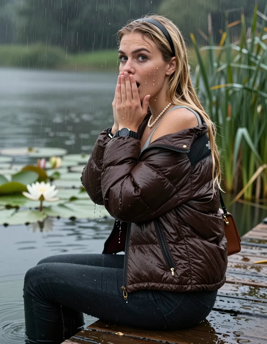 photo of young woman, in soaking wet, drenched clothes,
, tight Dark skinny jeans, brown north face puffer down jacket, Open jacket, tight v-neck sweater, shoulderbag, pearl necklace, bracelet, wristwatch,  jetty by the lake with water lilies and reeds, 
enjoying, wet clothes stuck to body,
detailed textures of the wet clothes, wet face, wet plastered hair,
wet, drenched, professional, high-quality details, full body view.
sharp focus, ultra-high pixel detail, realistic, high-quality, full colors, incredibly detailed, 4k, 8k, 16k, hyper-realistic, RAW photo, masterpiece, ultra-detailed, professionally color graded, professional photograph, A realistic vertical fashion photograph taken from a backward, behind-the-back angle of a young teenage girl sitting on a jetty by the lake after diving in the water, facing to the camera to show her back. She is tilting her head at camera, letting the water drench her hair so it is glued flat against her head and body. She has two blonde sleek very long straight hair with hairband  , completely saturated and dripping wet hair, with water cascading down her face and neck. Afraid and astonished expression. cover her mouth with her hands. open mouth, big eyes. The lighting is bright and cinematic, highlighting the glistening water droplets on her skin and the saturated texture of her  casual clothes. Heavy rain is visible falling against her. Soft, moody indoor lighting with reflections on the water. High-quality fashion photography style.
her clothing is soaking wet and clinging tightly to her skin, showing heavy wet folds, darkened fabric texture, and deep water-saturated Patches, her clothes are heavy from the water, water runs from her body and her clothes in streams. A lot of water also runs out of her clothes. Her clothes are darkened by the water. 
hyper-realistic wetness, high-contrast water sheen, sharp focus, 16k resolution, professional photography, realistic water physics., wet skin, wet clothes, damp fabric, wet skin, wet clothes, damp fabric, wet skin, wet clothes, damp fabric, wet skin, wet clothes, damp fabric, wet skin, wet clothes, damp fabric, wet skin, wet clothes, damp fabric, wet skin, wet clothes, damp fabric, wet skin, wet clothes, damp fabric, wet skin, wet clothes, damp fabric, wet skin, wet clothes, damp fabric, wet skin, wet clothes, damp fabric, wet skin, wet clothes, damp fabric, wet skin, wet clothes, damp fabric, wet skin, wet clothes, damp fabric, wet skin, wet clothes, damp fabric, wet skin, wet clothes, damp fabric, wet skin, wet clothes, damp fabric, wet skin, wet clothes, damp fabric, wet skin, wet clothes, damp fabric