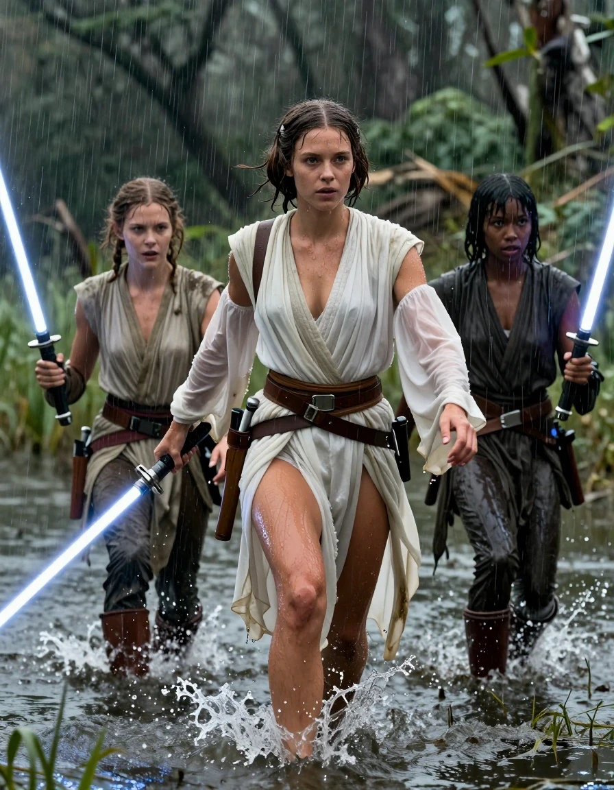 photo of young woman, in soaking wet, drenched clothes,
barefeed, star wars princess leia outfit, shallow swamp lake, witth a dark jungle in the background, Star Wars style, 
enjoying, wet clothes stuck to body,
detailed textures of the wet clothes, wet face, wet plastered hair,
wet, drenched, professional, high-quality details, full body view.
sharp focus, ultra-high pixel detail, realistic, high-quality, full colors, incredibly detailed, 4k, 8k, 16k, hyper-realistic, RAW photo, masterpiece, ultra-detailed, professionally color graded, professional photograph, a young nordic girl wears a princess leia style white outfit an princess leia hair style. next to her are two jedi knight girls. the  the three girls runn through the shallow swamp  lake holdig Star wars light sabre. the clothes of all three girls are completly drenched and dirty from the swamp. the girl wears no bra. her big breasts are visible through the seethrough Dress. on the picture ist heavy rain. Water splashes high in the lake from the running. wet skin, wet hair, wet clothes, damp fabric, wet skin, wet clothes, damp fabric, wet skin, wet clothes, damp fabric