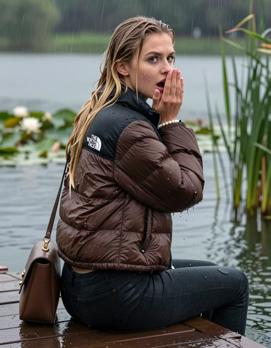 photo of young woman, in soaking wet, drenched clothes,
, tight Dark skinny jeans, brown north face puffer down jacket, Open jacket, tight v-neck sweater, shoulderbag, pearl necklace, bracelet, wristwatch,  jetty by the lake with water lilies and reeds, 
enjoying, wet clothes stuck to body,
detailed textures of the wet clothes, wet face, wet plastered hair,
wet, drenched, professional, high-quality details, full body view.
sharp focus, ultra-high pixel detail, realistic, high-quality, full colors, incredibly detailed, 4k, 8k, 16k, hyper-realistic, RAW photo, masterpiece, ultra-detailed, professionally color graded, professional photograph, A realistic vertical fashion photograph taken from a backward, behind-the-back angle of a 18-year-old teenage girl sitting on a jetty by the lake after diving in the water, facing to the camera to show her back. She is tilting her head at camera, letting the water drench her hair so it is glued flat against her head and body. She has two blonde sleek very long straight hair, completely saturated and dripping wet hair, with water cascading down her face and neck. Afraid and astonished expression. cover her mouth with her hands. open mouth, big eyes. The lighting is bright and cinematic, highlighting the glistening water droplets on her clothes and the saturated texture of her  casual clothes. Heavy rain is visible falling against her. She soaked her handbag in the water. Soft, moody indoor lighting with reflections on the water. High-quality fashion photography style.
her clothing is soaking wet and clinging tightly to her skin, showing heavy wet folds, darkened fabric texture, and deep water-saturated Patches, her clothes are heavy from the water, water runs from her body and her clothes in streams. A lot of water also runs out of her clothes. Her clothes are darkened by the water. 
hyper-realistic wetness, high-contrast water sheen, sharp focus, 16k resolution, professional photography, realistic water physics., wet skin, wet clothes, damp fabric, wet skin, wet clothes, damp fabric, wet skin, wet clothes, damp fabric, wet skin, wet clothes, damp fabric, wet skin, wet clothes, damp fabric, wet skin, wet clothes, damp fabric, wet skin, wet clothes, damp fabric, wet skin, wet clothes, damp fabric, wet skin, wet clothes, damp fabric, wet skin, wet clothes, damp fabric, wet skin, wet clothes, damp fabric, wet skin, wet clothes, damp fabric, wet skin, wet clothes, damp fabric, wet skin, wet clothes, damp fabric, wet skin, wet clothes, damp fabric, wet skin, wet clothes, damp fabric, wet skin, wet clothes, damp fabric, wet skin, wet clothes, damp fabric, wet skin, wet clothes, damp fabric, wet skin, wet clothes, damp fabric