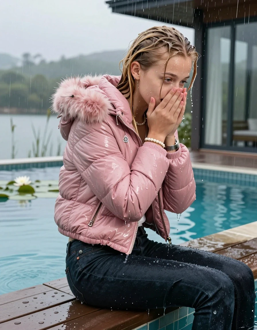 photo of young woman, in soaking wet, drenched clothes,
, Dark levis skinny jeans, Pink Moncler shiny puffer down jacket with fur, Open jacket, tight v-neck sweater, shoulderbag, pearl necklace, bracelet, wristwatch, jetty by the lake with water lilies and reeds, 
enjoying, wet clothes stuck to body,
detailed textures of the wet clothes, wet face, wet plastered hair,
wet, drenched, professional, high-quality details, full body view.
sharp focus, ultra-high pixel detail, realistic, high-quality, full colors, incredibly detailed, 4k, 8k, 16k, hyper-realistic, RAW photo, masterpiece, ultra-detailed, professionally color graded, professional photograph, A realistic vertical fashion photograph taken from a backward, behind-the-back angle of a 13-year-old girl sitting  and slides into a glass-walled outdoor swimming pool, facing down to the camera to show her back. She is tilting her head at camera, letting the water drench her hair so it is glued flat against her head and body. She has blonde Sleek long straight hair with braids, completely saturated and dripping wet hair, with water cascading down her face and neck. Afraid and astonished expression. cover her mouth with her hands. big eyes. The lighting is bright and cinematic, highlighting the glistening water droplets on her skin and the saturated texture of her  casual clothes. Outside the large glass wall of the pool building, heavy rain is visible falling against the window. Soft, moody indoor lighting with reflections on the water. High-quality fashion photography style.
her clothing is soaking wet and clinging tightly to her skin, showing heavy wet folds, darkened fabric texture, and deep water-saturated Patches, her clothes are heavy from the water, water runs from her body and her clothes in streams. A lot of water also runs out of her clothes. Her clothes are darkened by the water. 
hyper-realistic wetness, high-contrast water sheen, sharp focus, 16k resolution, professional photography, realistic water physics., wet skin, wet clothes, damp fabric, wet skin, wet clothes, damp fabric, wet skin, wet clothes, damp fabric, wet skin, wet clothes, damp fabric, wet skin, wet clothes, damp fabric, wet skin, wet clothes, damp fabric, wet skin, wet clothes, damp fabric, wet skin, wet clothes, damp fabric, wet skin, wet clothes, damp fabric, wet skin, wet clothes, damp fabric, wet skin, wet clothes, damp fabric, wet skin, wet clothes, damp fabric, wet skin, wet clothes, damp fabric, wet skin, wet clothes, damp fabric, wet skin, wet clothes, damp fabric, wet skin, wet clothes, damp fabric, wet skin, wet clothes, damp fabric, wet skin, wet clothes, damp fabric, wet skin, wet clothes, damp fabric, wet skin, wet clothes, damp fabric, wet skin, wet clothes, damp fabric, wet skin, wet clothes, damp fabric, wet skin, wet clothes, damp fabric