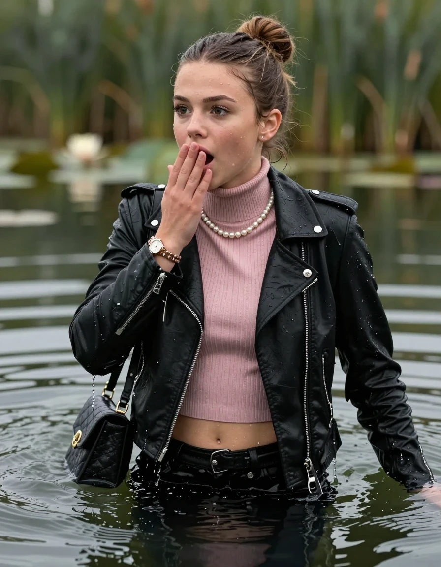 photo of young woman, in soaking wet, drenched clothes,
, , black biker leatherjacket,  closed jacket, tight light pink knit turtleneck sweater belly free, shoulderbag, pearl necklace, bracelet, wristwatch, Swimming and sinking deep into the water after diving in a lake with water lilies and reeds, 
enjoying, wet clothes stuck to body,
detailed textures of the wet clothes, wet face, wet plastered hair,
wet, drenched, professional, high-quality details, full body view.
sharp focus, ultra-high pixel detail, realistic, high-quality, full colors, incredibly detailed, 4k, 8k, 16k, hyper-realistic, RAW photo, masterpiece, ultra-detailed, professionally color graded, professional photograph, half-up with a topknot

15 years old  teenage girl

Looking away, Whole body and shoulders are submerged under the surface. open mouth, big eyes.

she is completely underwater up to her neck.

hold a hand over her mouth.

her submerged clothes are hardly visible under water, she soaked her handbag into the water
she is completely underwater up to her neck, shocked and astonished expression. 

her clothing is soaking wet and clinging tightly to her skin, showing heavy wet folds, darkened fabric texture, and deep water-saturated Patches, her clothes are heavy from the water, water runs from her body and her clothes in streams. A lot of water also runs out of her clothes. Her clothes are darkened by the water. Her submerged clothes are good visible under the water.  she soaked her handbag into the water.

close up view, wet skin, wet clothes, wet hair, damp fabric, water runs down the clothes, wet skin, wet clothes, damp fabric. cinematic medium shot, hyper-realistic wetness, high-contrast water sheen, sharp focus, 16k resolution, professional photography, realistic water physics., wet skin, wet clothes, damp fabric, wet skin, wet clothes, damp fabric, wet skin, wet clothes, damp fabric, wet skin, wet clothes, damp fabric, wet skin, wet clothes, damp fabric
