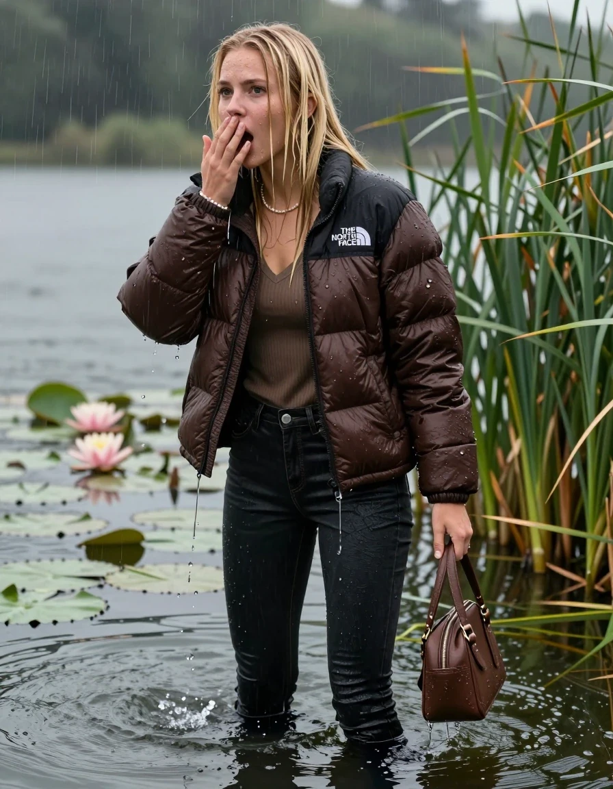 photo of young woman, in soaking wet, drenched clothes,
, tight Dark skinny jeans, brown north face puffer down jacket, Open jacket, tight v-neck sweater, shoulderbag, pearl necklace, bracelet, wristwatch,  lake with water lilies and reeds, 
enjoying, wet clothes stuck to body,
detailed textures of the wet clothes, wet face, wet plastered hair,
wet, drenched, professional, high-quality details, full body view.
sharp focus, ultra-high pixel detail, realistic, high-quality, full colors, incredibly detailed, 4k, 8k, 16k, hyper-realistic, RAW photo, masterpiece, ultra-detailed, professionally color graded, professional photograph, A realistic vertical fashion photograph taken from a backward, behind-the-back angle of a 18-year-old teenage girl take a dip deep submerged after diving in the lake after diving in the water, facing to the camera to show her back. She is tilting her head at camera, letting the water drench her hair so it is glued flat against her head and body. She has two blonde sleek very long straight hair, completely saturated and dripping wet hair, with water cascading down her face and neck. Afraid and astonished expression. cover her mouth with her hands. open mouth, big eyes. The lighting is bright and cinematic, highlighting the glistening water droplets on her clothes and the saturated texture of her  casual clothes. Heavy rain is visible falling against her. She soaked her handbag in the water. She hide in the reeds. Soft, moody indoor lighting with reflections on the water. High-quality fashion photography style.
her clothing is soaking wet and clinging tightly to her skin, showing heavy wet folds, darkened fabric texture, and deep water-saturated Patches, her clothes are heavy from the water, water runs from her body and her clothes in streams. A lot of water also runs out of her clothes. Her clothes are darkened by the water. 
hyper-realistic wetness, high-contrast water sheen, sharp focus, 16k resolution, professional photography, realistic water physics., wet skin, wet clothes, damp fabric, wet skin, wet clothes, damp fabric, wet skin, wet clothes, damp fabric, wet skin, wet clothes, damp fabric, wet skin, wet clothes, damp fabric, wet skin, wet clothes, damp fabric, wet skin, wet clothes, damp fabric, wet skin, wet clothes, damp fabric, wet skin, wet clothes, damp fabric, wet skin, wet clothes, damp fabric, wet skin, wet clothes, damp fabric, wet skin, wet clothes, damp fabric, wet skin, wet clothes, damp fabric, wet skin, wet clothes, damp fabric, wet skin, wet clothes, damp fabric, wet skin, wet clothes, damp fabric, wet skin, wet clothes, damp fabric, wet skin, wet clothes, damp fabric, wet skin, wet clothes, damp fabric, wet skin, wet clothes, damp fabric, wet skin, wet clothes, damp fabric