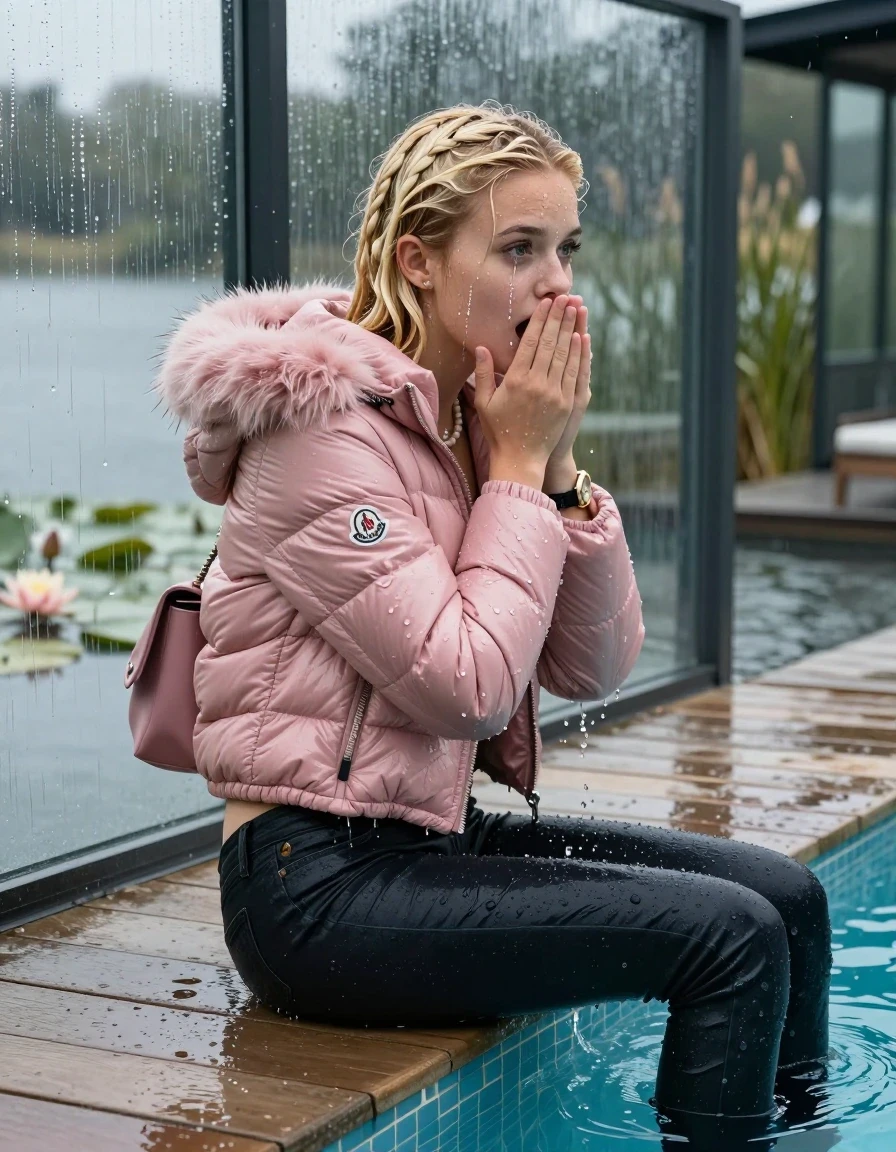 photo of young woman, in soaking wet, drenched clothes,
, Dark levis skinny jeans, Pink Moncler shiny puffer down jacket with fur, Open jacket, tight v-neck sweater, shoulderbag, pearl necklace, bracelet, wristwatch, jetty by the lake with water lilies and reeds, 
enjoying, wet clothes stuck to body,
detailed textures of the wet clothes, wet face, wet plastered hair,
wet, drenched, professional, high-quality details, full body view.
sharp focus, ultra-high pixel detail, realistic, high-quality, full colors, incredibly detailed, 4k, 8k, 16k, hyper-realistic, RAW photo, masterpiece, ultra-detailed, professionally color graded, professional photograph, A realistic vertical fashion photograph taken from a backward, behind-the-back angle of a 15-year-old girl sitting  and slides in a glass-walled outdoor swimming pool, facing down to the camera to show her back. She is tilting her head at camera, letting the water drench her hair so it is glued flat against her head and body. She has blonde Sleek long straight hair with braids, completely saturated and dripping wet hair, with water cascading down her face and neck. Afraid and astonished expression. cover her mouth with her hands. open mouth, big eyes. The lighting is bright and cinematic, highlighting the glistening water droplets on her skin and the saturated texture of her  casual clothes. Outside the large glass wall of the pool building, heavy rain is visible falling against the window. Soft, moody indoor lighting with reflections on the water. High-quality fashion photography style.
her clothing is soaking wet and clinging tightly to her skin, showing heavy wet folds, darkened fabric texture, and deep water-saturated Patches, her clothes are heavy from the water, water runs from her body and her clothes in streams. A lot of water also runs out of her clothes. Her clothes are darkened by the water. 
hyper-realistic wetness, high-contrast water sheen, sharp focus, 16k resolution, professional photography, realistic water physics., wet skin, wet clothes, damp fabric, wet skin, wet clothes, damp fabric, wet skin, wet clothes, damp fabric, wet skin, wet clothes, damp fabric, wet skin, wet clothes, damp fabric, wet skin, wet clothes, damp fabric, wet skin, wet clothes, damp fabric, wet skin, wet clothes, damp fabric, wet skin, wet clothes, damp fabric, wet skin, wet clothes, damp fabric, wet skin, wet clothes, damp fabric, wet skin, wet clothes, damp fabric, wet skin, wet clothes, damp fabric, wet skin, wet clothes, damp fabric, wet skin, wet clothes, damp fabric, wet skin, wet clothes, damp fabric, wet skin, wet clothes, damp fabric, wet skin, wet clothes, damp fabric, wet skin, wet clothes, damp fabric, wet skin, wet clothes, damp fabric, wet skin, wet clothes, damp fabric, wet skin, wet clothes, damp fabric