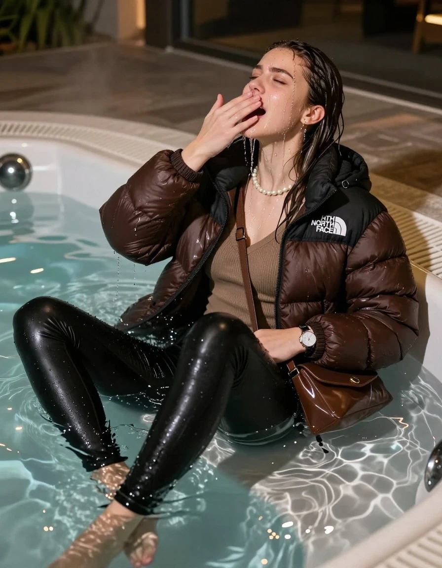 photo of young woman, in soaking wet, drenched clothes,
black pumps , Tight black leatherleggings, Brown north face puffer down jacket, tight v-neck sweater, shoulderbag, pearl necklace, bracelet, wristwatch, Masturbate to orgasm Steaming indoor jacuzzi at night, warm lightning, 
enjoying, wet clothes stuck to body,
detailed textures of the wet clothes, wet face, wet plastered hair,
wet, drenched, professional, high-quality details, full body view.
sharp focus, ultra-high pixel detail, realistic, high-quality, full colors, incredibly detailed, 4k, 8k, 16k, hyper-realistic, RAW photo, masterpiece, ultra-detailed, professionally color graded, professional photograph, A realistic vertical fashion photograph of a 15-year-old teenage girl lying half submerged into the water of a steaming indoor jacuzzi, facing away to show her back. She is tilting her head up, letting the water drench her hair so it is glued flat against her head and body. She has sleek long straight hair completely saturated and dripping wet hair, with water cascading down her face and neck. Horny moaning expression. She hold a hand over her mouth the other hand masturbate.  open mouth, closed eyes eyes. Spreaded legs. she soaked her handbag in the water. The lighting is bright and cinematic, highlighting the glistening water droplets on her skin and the saturated texture of her  casual clothes. Soft, moody indoor lighting with reflections on the water. High-quality fashion photography style.
her clothing is soaking wet and clinging tightly to her skin, showing heavy wet folds, darkened fabric texture, and deep water-saturated Patches, her clothes are heavy from the water, water runs from her body and her clothes in streams. A lot of water also runs out of her clothes. Her clothes are darkened by the water. 
hyper-realistic wetness, high-contrast water sheen, sharp focus, 16k resolution, professional photography, realistic water physics., wet skin, wet clothes, damp fabric, wet skin, wet clothes, damp fabric, wet skin, wet clothes, damp fabric, wet skin, wet clothes, damp fabric, wet skin, wet clothes, damp fabric, wet skin, wet clothes, damp fabric, wet skin, wet clothes, damp fabric, wet skin, wet clothes, damp fabric, wet skin, wet clothes, damp fabric, wet skin, wet clothes, damp fabric, wet skin, wet clothes, damp fabric, wet skin, wet clothes, damp fabric, wet skin, wet clothes, damp fabric, wet skin, wet clothes, damp fabric, wet skin, wet clothes, damp fabric, wet skin, wet clothes, damp fabric, wet skin, wet clothes, damp fabric, wet skin, wet clothes, damp fabric, wet skin, wet clothes, damp fabric