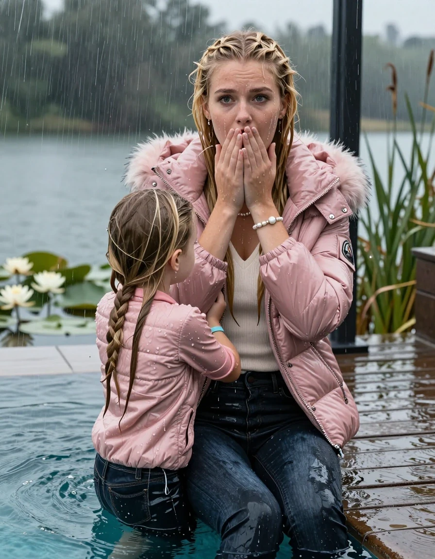 photo of young woman, in soaking wet, drenched clothes,
, Dark levis skinny jeans, Pink Moncler shiny puffer down jacket with fur, Open jacket, tight v-neck sweater, shoulderbag, pearl necklace, bracelet, wristwatch, jetty by the lake with water lilies and reeds, 
enjoying, wet clothes stuck to body,
detailed textures of the wet clothes, wet face, wet plastered hair,
wet, drenched, professional, high-quality details, full body view.
sharp focus, ultra-high pixel detail, realistic, high-quality, full colors, incredibly detailed, 4k, 8k, 16k, hyper-realistic, RAW photo, masterpiece, ultra-detailed, professionally color graded, professional photograph, A realistic vertical fashion photograph taken from a backward, behind-the-back angle of a 10-year-old girl sitting  and slides into a glass-walled outdoor swimming pool, facing down to the camera to show her back. She is tilting her head at camera, letting the water drench her hair so it is glued flat against her head and body. She has blonde Sleek long straight hair with braids, completely saturated and dripping wet hair, with water cascading down her face and neck. Afraid and astonished expression. cover her mouth with her hands. big eyes. The lighting is bright and cinematic, highlighting the glistening water droplets on her skin and the saturated texture of her  casual clothes. Outside the large glass wall of the pool building, heavy rain is visible falling against the window. Soft, moody indoor lighting with reflections on the water. High-quality fashion photography style.
her clothing is soaking wet and clinging tightly to her skin, showing heavy wet folds, darkened fabric texture, and deep water-saturated Patches, her clothes are heavy from the water, water runs from her body and her clothes in streams. A lot of water also runs out of her clothes. Her clothes are darkened by the water. 
hyper-realistic wetness, high-contrast water sheen, sharp focus, 16k resolution, professional photography, realistic water physics., wet skin, wet clothes, damp fabric, wet skin, wet clothes, damp fabric, wet skin, wet clothes, damp fabric, wet skin, wet clothes, damp fabric, wet skin, wet clothes, damp fabric, wet skin, wet clothes, damp fabric, wet skin, wet clothes, damp fabric, wet skin, wet clothes, damp fabric, wet skin, wet clothes, damp fabric, wet skin, wet clothes, damp fabric, wet skin, wet clothes, damp fabric, wet skin, wet clothes, damp fabric, wet skin, wet clothes, damp fabric, wet skin, wet clothes, damp fabric, wet skin, wet clothes, damp fabric, wet skin, wet clothes, damp fabric, wet skin, wet clothes, damp fabric, wet skin, wet clothes, damp fabric, wet skin, wet clothes, damp fabric, wet skin, wet clothes, damp fabric, wet skin, wet clothes, damp fabric, wet skin, wet clothes, damp fabric, wet skin, wet clothes, damp fabric