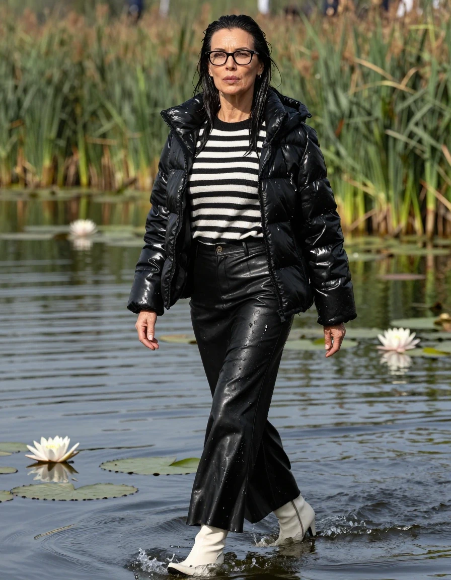 photo of young woman, in soaking wet, drenched clothes,
high-heeled white boots, black leather flared maxi skirt, shiny black & white striped sweater, maxi shiny black down jacket, Swimming deep in a lake with water lilies and reeds, 
enjoying, wet clothes stuck to body,
detailed textures of the wet clothes, wet face, wet plastered hair,
wet, drenched, professional, high-quality details, full body view.
sharp focus, ultra-high pixel detail, realistic, high-quality, full colors, incredibly detailed, 4k, 8k, 16k, hyper-realistic, RAW photo, masterpiece, ultra-detailed, professionally color graded, professional photograph, europen brunette skinny woman 50 years old, long dark black hair, office glasses, very big and thick lips, complete body, wet skin, wet clothes, damp fabric, wet skin, wet clothes, damp fabric, wet skin, wet clothes, damp fabric, wet skin, wet clothes, damp fabric, wet skin, wet clothes, damp fabric, wet skin, wet clothes, damp fabric, wet skin, wet clothes, damp fabric