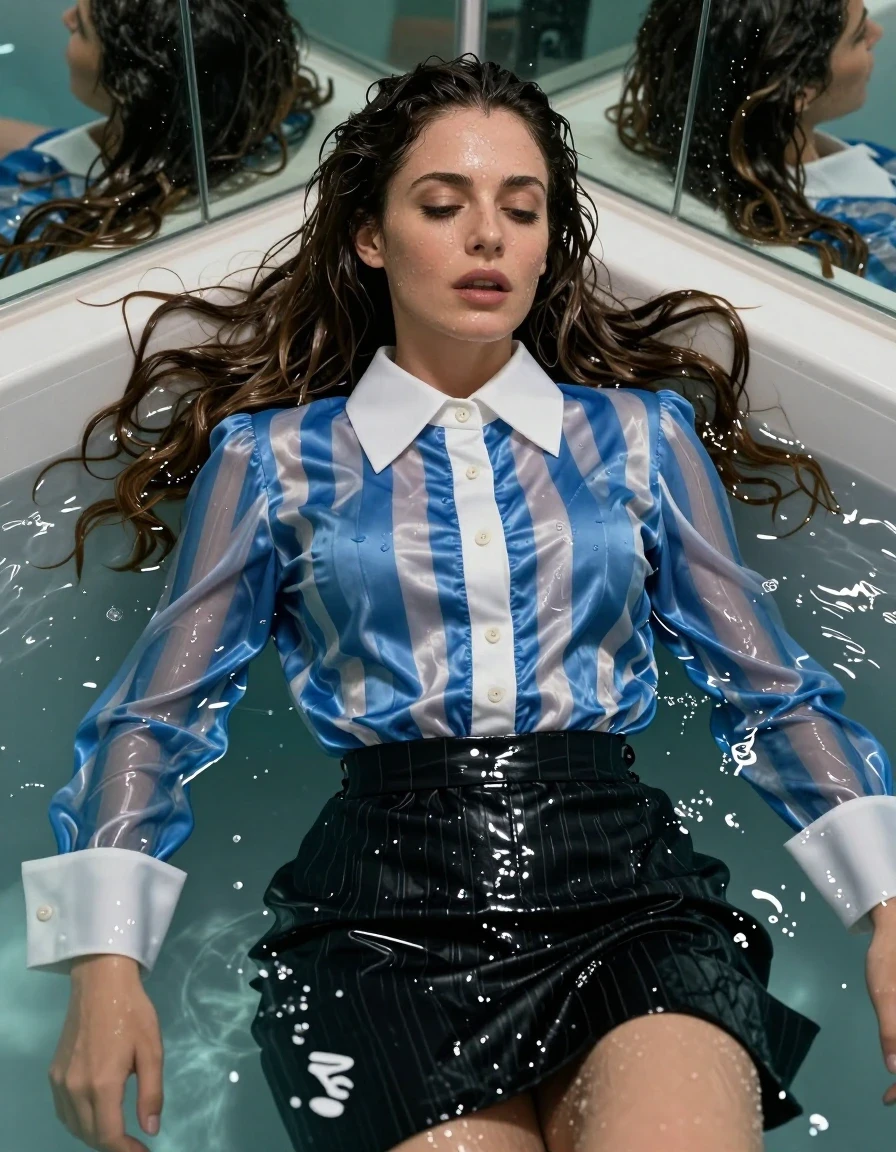 Professional cinematic close-up of a 30-year-old beautiful Spanish woman with long, voluminous, dripping wet hair, lying flat on her back in a whirlpool filled with crystal clear, overflowing water. She is wearing a soaking-wet, shiny blue and white striped satin fitted shirt featuring a pure white extra-tall oversized Kent collar with three distinct buttons on the stand, and long sleeves with sturdy, extra-long white French cuffs. She is also wearing a black pinstriped skirt suit and a pearl necklace. The fabric of the shirt is drenched, clinging to her skin, showing deep saturation, heavy water-soaked folds, and intense glossy specular highlights from the water sheen. She is looking down at her sticky, drenched clothing with eyes and mouth slightly open. The scene is set in a bathroom with mirrored walls, creating infinite reflections of her and the splashing water. Dimmed evening lighting, UHD, masterpiece, highly detailed skin texture, hyper-realistic wet fabric physics, sharp focus on the shirt and cuffs submerged in water.