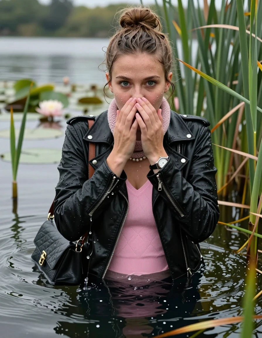photo of young woman, in soaking wet, drenched clothes,
, , black biker leatherjacket, tight pink v-neck sweater with diamond pattern belly free, shoulderbag, pearl necklace, bracelet, wristwatch, knitted scarf, Swimming and sinking deep into the water after diving in a lake with water lilies and reeds, 
enjoying, wet clothes stuck to body,
detailed textures of the wet clothes, wet face, wet plastered hair,
wet, drenched, professional, high-quality details, full body view.
sharp focus, ultra-high pixel detail, realistic, high-quality, full colors, incredibly detailed, 4k, 8k, 16k, hyper-realistic, RAW photo, masterpiece, ultra-detailed, professionally color graded, professional photograph, half-up with a topknot

young slim teenage girl

Whole body and shoulders are submerged under the surface. closed mouth, big eyes.

she is completely underwater up to her neck. She hide in the reeds and is surprised from visitors.

hold her hands on her mouth and nose.

her submerged clothes are hardly visible under water, she soaked her handbag into the water
she is completely underwater up to her neck, frightened and astonished expression. 

her clothing is soaking wet and clinging tightly to her skin, showing heavy wet folds, darkened fabric texture, and deep water-saturated Patches, her clothes are heavy from the water, water runs from her body and her clothes in streams. A lot of water also runs out of her clothes. Her clothes are darkened by the water. Her submerged clothes are good visible under the water.  she soaked her handbag into the water.

close up view, wet skin, wet clothes, wet hair, damp fabric, water runs down the clothes, wet skin, wet clothes, damp fabric. cinematic medium shot, hyper-realistic wetness, high-contrast water sheen, sharp focus, 16k resolution, professional photography, realistic water physics., wet skin, wet clothes, damp fabric, wet skin, wet clothes, damp fabric, wet skin, wet clothes, damp fabric, wet skin, wet clothes, damp fabric, wet skin, wet clothes, damp fabric