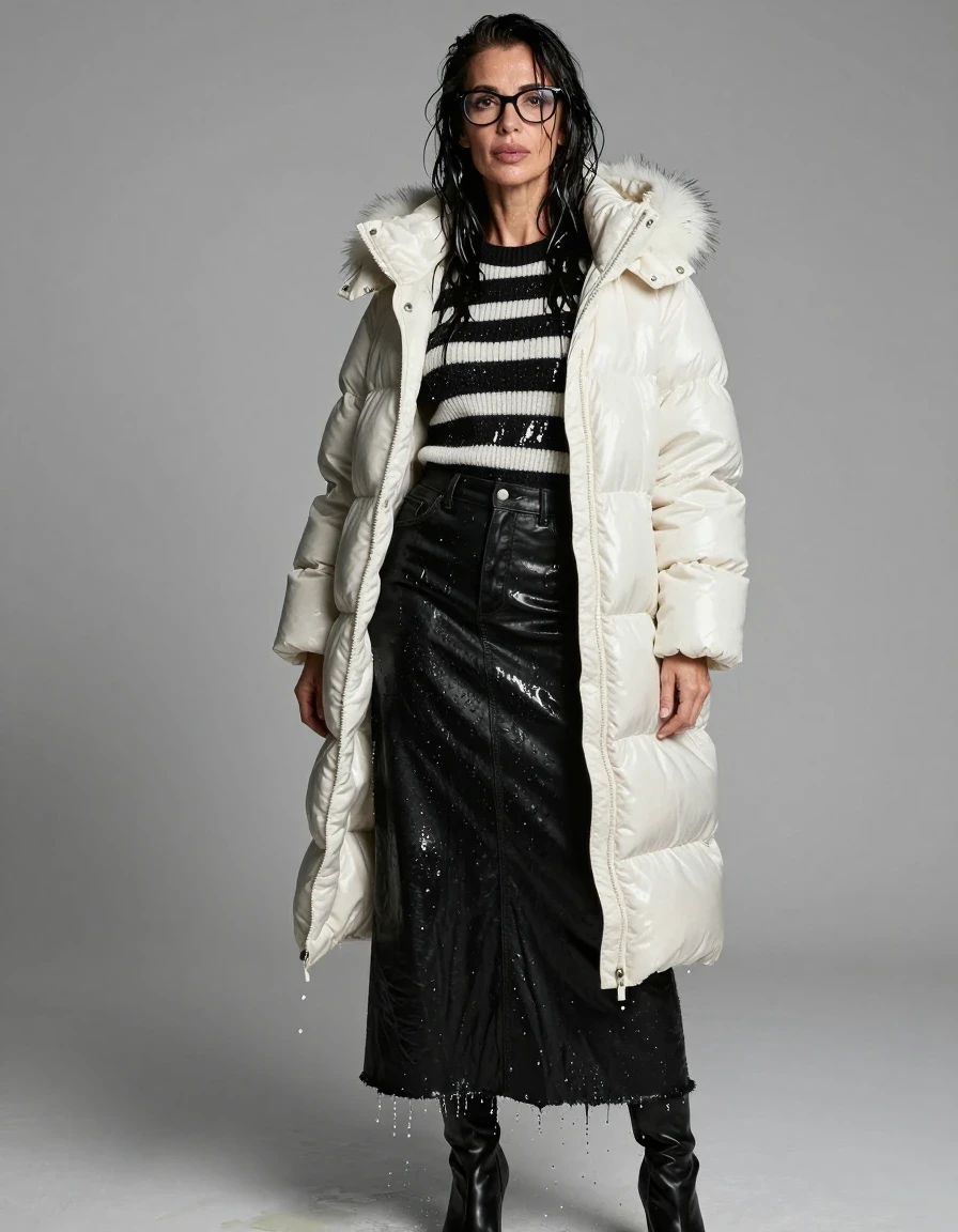 photo of young woman, in soaking wet, drenched clothes,
high-heeled boots, shiny black leather denim maxi skirt, shiny black & white striped sweater, maxi shiny white down jacket with fur, after shower, enjoying wet clothes stuck body, enjoying, wet clothes stuck to body, 
enjoying, wet clothes stuck to body,
detailed textures of the wet clothes, wet face, wet plastered hair,
wet, drenched, professional, high-quality details, full body view.
sharp focus, ultra-high pixel detail, realistic, high-quality, full colors, incredibly detailed, 4k, 8k, 16k, hyper-realistic, RAW photo, masterpiece, ultra-detailed, professionally color graded, professional photograph, europen brunette skinny woman 50 years old, long dark black hair, office glasses, very big and thick lips, complete body, wet skin, wet clothes, damp fabric, wet skin, wet clothes, damp fabric, wet skin, wet clothes, damp fabric, wet skin, wet clothes, damp fabric, wet skin, wet clothes, damp fabric, wet skin, wet clothes, damp fabric, wet skin, wet clothes, damp fabric
