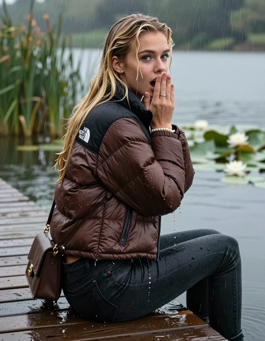photo of young woman, in soaking wet, drenched clothes,
, tight Dark skinny jeans, brown north face puffer down jacket, Open jacket, tight v-neck sweater, shoulderbag, pearl necklace, bracelet, wristwatch,  jetty by the lake with water lilies and reeds, 
enjoying, wet clothes stuck to body,
detailed textures of the wet clothes, wet face, wet plastered hair,
wet, drenched, professional, high-quality details, full body view.
sharp focus, ultra-high pixel detail, realistic, high-quality, full colors, incredibly detailed, 4k, 8k, 16k, hyper-realistic, RAW photo, masterpiece, ultra-detailed, professionally color graded, professional photograph, A realistic vertical fashion photograph taken from a backward, behind-the-back angle of a 18-year-old teenage girl sitting on a jetty by the lake after diving in the water, facing to the camera to show her back. She is tilting her head at camera, letting the water drench her hair so it is glued flat against her head and body. She has two blonde sleek very long straight hair, completely saturated and dripping wet hair, with water cascading down her face and neck. Afraid and astonished expression. cover her mouth with her hands. open mouth, big eyes. The lighting is bright and cinematic, highlighting the glistening water droplets on her clothes and the saturated texture of her  casual clothes. Heavy rain is visible falling against her. Soft, moody indoor lighting with reflections on the water. High-quality fashion photography style.
her clothing is soaking wet and clinging tightly to her skin, showing heavy wet folds, darkened fabric texture, and deep water-saturated Patches, her clothes are heavy from the water, water runs from her body and her clothes in streams. A lot of water also runs out of her clothes. Her clothes are darkened by the water. 
hyper-realistic wetness, high-contrast water sheen, sharp focus, 16k resolution, professional photography, realistic water physics., wet skin, wet clothes, damp fabric, wet skin, wet clothes, damp fabric, wet skin, wet clothes, damp fabric, wet skin, wet clothes, damp fabric, wet skin, wet clothes, damp fabric, wet skin, wet clothes, damp fabric, wet skin, wet clothes, damp fabric, wet skin, wet clothes, damp fabric, wet skin, wet clothes, damp fabric, wet skin, wet clothes, damp fabric, wet skin, wet clothes, damp fabric, wet skin, wet clothes, damp fabric, wet skin, wet clothes, damp fabric, wet skin, wet clothes, damp fabric, wet skin, wet clothes, damp fabric, wet skin, wet clothes, damp fabric, wet skin, wet clothes, damp fabric, wet skin, wet clothes, damp fabric, wet skin, wet clothes, damp fabric, wet skin, wet clothes, damp fabric