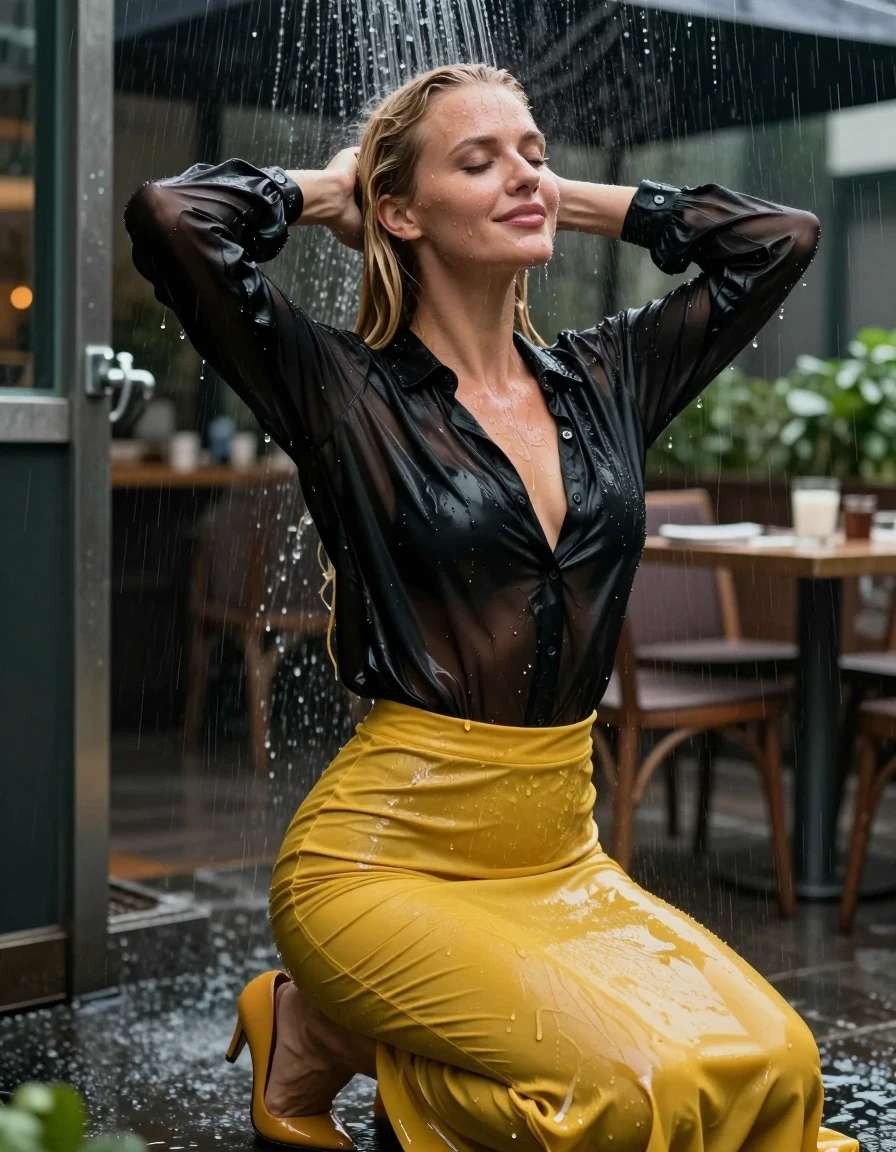 photo of young woman, in soaking wet, drenched clothes,
pumps, dark yellow slim floor-length satin skirt, see-through, black satin oversized long blouse, see-through, kein BH, restaurant, heavy rain, 
enjoying, wet clothes stuck to body,
detailed textures of the wet clothes, wet face, wet plastered hair,
wet, drenched, professional, high-quality details, full body view.
sharp focus, ultra-high pixel detail, realistic, high-quality, full colors, incredibly detailed, 4k, 8k, 16k, hyper-realistic, RAW photo, masterpiece, ultra-detailed, professionally color graded, professional photograph, blond hair, shower, collar, long sleeves, buttoned, wet hair, long hair, soaking wet blouse,  full body view,  side view, drenched clothes, shower, wet skin, wet clothes, soaking wet fabric, pouring water on head,
kein BH, sichtbare Brüste, im wasser liegen, smiling, wet skin, wet clothes, damp fabric