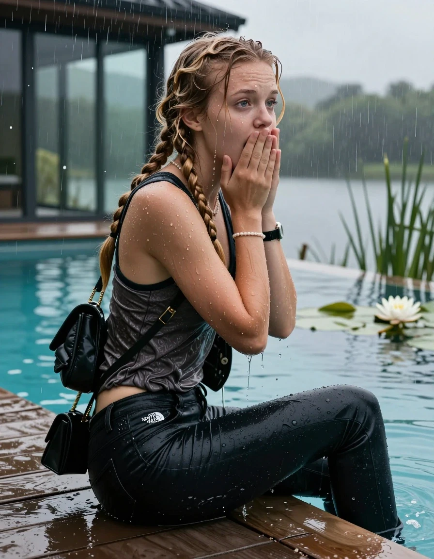 photo of young woman, in soaking wet, drenched clothes,
, Dark skinny jeans, north face puffer down jacket, Open jacket, tight v-neck sweater, shoulderbag, pearl necklace, bracelet, wristwatch, Orgasm in jetty by the lake with water lilies and reeds, 
enjoying, wet clothes stuck to body,
detailed textures of the wet clothes, wet face, wet plastered hair,
wet, drenched, professional, high-quality details, full body view.
sharp focus, ultra-high pixel detail, realistic, high-quality, full colors, incredibly detailed, 4k, 8k, 16k, hyper-realistic, RAW photo, masterpiece, ultra-detailed, professionally color graded, professional photograph, A realistic vertical fashion photograph taken from a backward, behind-the-back angle of a 15-year-old teenage girl sitting  in a glass-walled outdoor swimming pool, facing down to the camera to show her back. She is tilting her head at camera, letting the water drench her hair so it is glued flat against her head and body. She has two blonde long braids , completely saturated and dripping wet hair, with water cascading down her face and neck. Afraid and astonished expression. cover her mouth with her hands. open mouth, big eyes. The lighting is bright and cinematic, highlighting the glistening water droplets on her skin and the saturated texture of her  casual clothes. Outside the large glass wall of the pool building, heavy rain is visible falling against the window. Soft, moody indoor lighting with reflections on the water. High-quality fashion photography style.
her clothing is soaking wet and clinging tightly to her skin, showing heavy wet folds, darkened fabric texture, and deep water-saturated Patches, her clothes are heavy from the water, water runs from her body and her clothes in streams. A lot of water also runs out of her clothes. Her clothes are darkened by the water. 
hyper-realistic wetness, high-contrast water sheen, sharp focus, 16k resolution, professional photography, realistic water physics., wet skin, wet clothes, damp fabric, wet skin, wet clothes, damp fabric, wet skin, wet clothes, damp fabric, wet skin, wet clothes, damp fabric, wet skin, wet clothes, damp fabric, wet skin, wet clothes, damp fabric, wet skin, wet clothes, damp fabric, wet skin, wet clothes, damp fabric, wet skin, wet clothes, damp fabric, wet skin, wet clothes, damp fabric, wet skin, wet clothes, damp fabric, wet skin, wet clothes, damp fabric, wet skin, wet clothes, damp fabric, wet skin, wet clothes, damp fabric, wet skin, wet clothes, damp fabric, wet skin, wet clothes, damp fabric, wet skin, wet clothes, damp fabric, wet skin, wet clothes, damp fabric, wet skin, wet clothes, damp fabric, wet skin, wet clothes, damp fabric