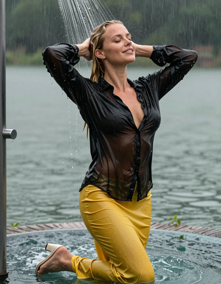 photo of young woman, in soaking wet, drenched clothes,
pumps, dark yellow slim floor-length satin skirt, see-through, black satin oversized long blouse, see-through, kein BH, lake, heavy rain, 
enjoying, wet clothes stuck to body,
detailed textures of the wet clothes, wet face, wet plastered hair,
wet, drenched, professional, high-quality details, full body view.
sharp focus, ultra-high pixel detail, realistic, high-quality, full colors, incredibly detailed, 4k, 8k, 16k, hyper-realistic, RAW photo, masterpiece, ultra-detailed, professionally color graded, professional photograph, blond hair, pool shower, collar, long sleeves, buttoned, wet hair, long hair, soaking wet blouse,  full body view,  side view, drenched clothes, shower, wet skin, wet clothes, soaking wet fabric, pouring water on head,
kein BH, sichtbare Brüste, im wasser liegen, smiling, wet skin, wet clothes, damp fabric