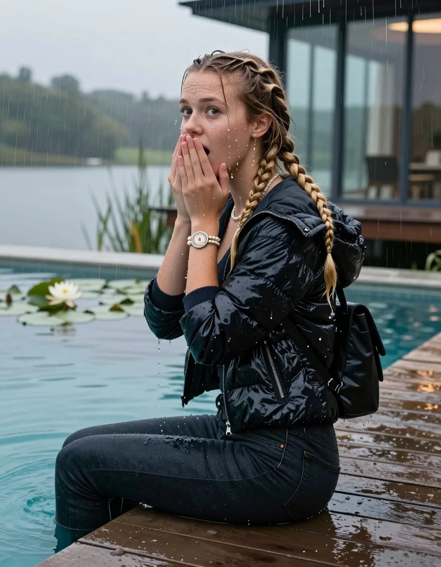 photo of young woman, in soaking wet, drenched clothes,
, Dark levis skinny jeans, Moncler shiny puffer down jacket, Open jacket, tight v-neck sweater, shoulderbag, pearl necklace, bracelet, wristwatch, Orgasm in jetty by the lake with water lilies and reeds, 
enjoying, wet clothes stuck to body,
detailed textures of the wet clothes, wet face, wet plastered hair,
wet, drenched, professional, high-quality details, full body view.
sharp focus, ultra-high pixel detail, realistic, high-quality, full colors, incredibly detailed, 4k, 8k, 16k, hyper-realistic, RAW photo, masterpiece, ultra-detailed, professionally color graded, professional photograph, A realistic vertical fashion photograph taken from a backward, behind-the-back angle of a 15-year-old teenage girl sitting  in a glass-walled outdoor swimming pool, facing down to the camera to show her back. She is tilting her head at camera, letting the water drench her hair so it is glued flat against her head and body. She has two blonde long braids , completely saturated and dripping wet hair, with water cascading down her face and neck. Afraid and astonished expression. cover her mouth with her hands. open mouth, big eyes. The lighting is bright and cinematic, highlighting the glistening water droplets on her skin and the saturated texture of her  casual clothes. Outside the large glass wall of the pool building, heavy rain is visible falling against the window. Soft, moody indoor lighting with reflections on the water. High-quality fashion photography style.
her clothing is soaking wet and clinging tightly to her skin, showing heavy wet folds, darkened fabric texture, and deep water-saturated Patches, her clothes are heavy from the water, water runs from her body and her clothes in streams. A lot of water also runs out of her clothes. Her clothes are darkened by the water. 
hyper-realistic wetness, high-contrast water sheen, sharp focus, 16k resolution, professional photography, realistic water physics., wet skin, wet clothes, damp fabric, wet skin, wet clothes, damp fabric, wet skin, wet clothes, damp fabric, wet skin, wet clothes, damp fabric, wet skin, wet clothes, damp fabric, wet skin, wet clothes, damp fabric, wet skin, wet clothes, damp fabric, wet skin, wet clothes, damp fabric, wet skin, wet clothes, damp fabric, wet skin, wet clothes, damp fabric, wet skin, wet clothes, damp fabric, wet skin, wet clothes, damp fabric, wet skin, wet clothes, damp fabric, wet skin, wet clothes, damp fabric, wet skin, wet clothes, damp fabric, wet skin, wet clothes, damp fabric, wet skin, wet clothes, damp fabric, wet skin, wet clothes, damp fabric, wet skin, wet clothes, damp fabric, wet skin, wet clothes, damp fabric