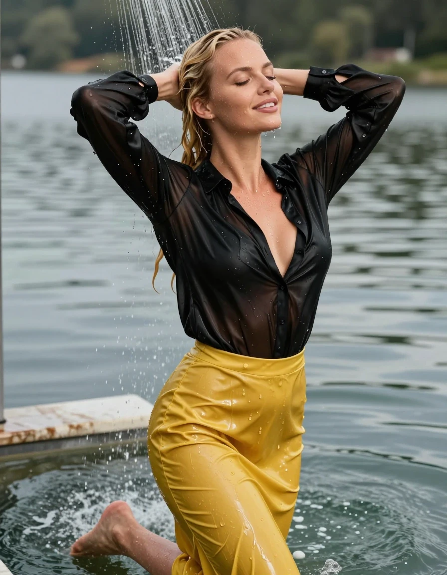 photo of young woman, in soaking wet, drenched clothes,
pumps, dark yellow slim floor-length satin skirt, see-through, black satin oversized long blouse, see-through, kein BH, lake, shoer, 
enjoying, wet clothes stuck to body,
detailed textures of the wet clothes, wet face, wet plastered hair,
wet, drenched, professional, high-quality details, full body view.
sharp focus, ultra-high pixel detail, realistic, high-quality, full colors, incredibly detailed, 4k, 8k, 16k, hyper-realistic, RAW photo, masterpiece, ultra-detailed, professionally color graded, professional photograph, blond hair, pool shower, collar, long sleeves, buttoned, wet hair, long hair, soaking wet blouse,  full body view,  side view, drenched clothes, shower, wet skin, wet clothes, soaking wet fabric, pouring water on head,
kein BH, sichtbare Brüste, im wasser liegen, smiling, wet skin, wet clothes, damp fabric