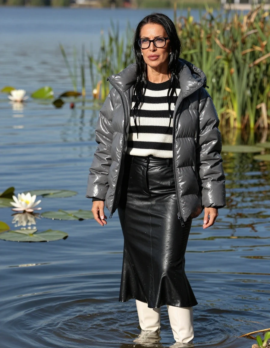 photo of young woman, in soaking wet, drenched clothes,
high-heeled white boots, black leather flared maxi skirt, shiny black & white striped sweater, maxi shiny gray down jacket, Swimming submerged in very deep sunny lake with water lilies and reeds, 
enjoying, wet clothes stuck to body,
detailed textures of the wet clothes, wet face, wet plastered hair,
wet, drenched, professional, high-quality details, full body view.
sharp focus, ultra-high pixel detail, realistic, high-quality, full colors, incredibly detailed, 4k, 8k, 16k, hyper-realistic, RAW photo, masterpiece, ultra-detailed, professionally color graded, professional photograph, europen brunette skinny woman 50 years old, long dark black hair, office glasses, very big and thick lips, complete body, wet skin, wet clothes, damp fabric, wet skin, wet clothes, damp fabric, wet skin, wet clothes, damp fabric, wet skin, wet clothes, damp fabric, wet skin, wet clothes, damp fabric, wet skin, wet clothes, damp fabric, wet skin, wet clothes, damp fabric