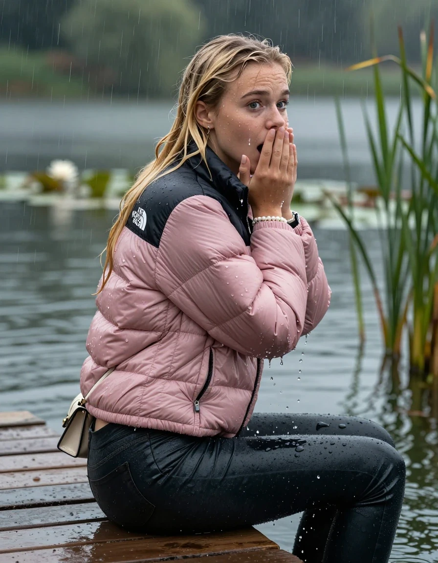 photo of young woman, in soaking wet, drenched clothes,
, tight Dark skinny jeans, pink north face puffer down jacket, Open jacket, tight v-neck sweater, shoulderbag, pearl necklace, bracelet, wristwatch,  jetty by the lake with water lilies and reeds, 
enjoying, wet clothes stuck to body,
detailed textures of the wet clothes, wet face, wet plastered hair,
wet, drenched, professional, high-quality details, full body view.
sharp focus, ultra-high pixel detail, realistic, high-quality, full colors, incredibly detailed, 4k, 8k, 16k, hyper-realistic, RAW photo, masterpiece, ultra-detailed, professionally color graded, professional photograph, A realistic vertical fashion photograph taken from a backward, behind-the-back angle of a young 15-years-old teenage girl sitting on a jetty by the lake after diving in the water, facing to the camera to show her back. She is tilting her head at camera, letting the water drench her hair so it is glued flat against her head and body. She has two blonde sleek very long spaghetti-straight hair, completely saturated and dripping wet hair, with water cascading down her face and neck. Afraid and astonished expression. cover her mouth with her hands. open mouth, big eyes. The lighting is bright and cinematic, highlighting the glistening water droplets on her skin and the saturated texture of her  casual clothes. Heavy rain is visible falling against her. Soft, moody indoor lighting with reflections on the water. High-quality fashion photography style.
her clothing is soaking wet and clinging tightly to her skin, showing heavy wet folds, darkened fabric texture, and deep water-saturated Patches, her clothes are heavy from the water, water runs from her body and her clothes in streams. A lot of water also runs out of her clothes. Her clothes are darkened by the water. 
hyper-realistic wetness, high-contrast water sheen, sharp focus, 16k resolution, professional photography, realistic water physics., wet skin, wet clothes, damp fabric, wet skin, wet clothes, damp fabric, wet skin, wet clothes, damp fabric, wet skin, wet clothes, damp fabric, wet skin, wet clothes, damp fabric, wet skin, wet clothes, damp fabric, wet skin, wet clothes, damp fabric, wet skin, wet clothes, damp fabric, wet skin, wet clothes, damp fabric, wet skin, wet clothes, damp fabric, wet skin, wet clothes, damp fabric, wet skin, wet clothes, damp fabric, wet skin, wet clothes, damp fabric, wet skin, wet clothes, damp fabric, wet skin, wet clothes, damp fabric, wet skin, wet clothes, damp fabric, wet skin, wet clothes, damp fabric, wet skin, wet clothes, damp fabric, wet skin, wet clothes, damp fabric
