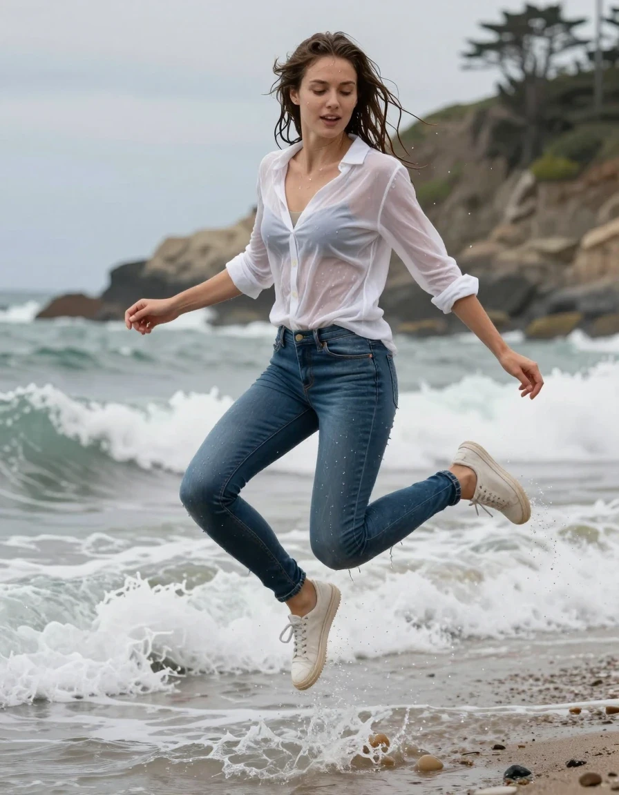 photo of young woman, in soaking wet, drenched clothes,
Sneakers, Medium Blue low waisted long skinny jeans, White transparent shirt, Beach with breaking waves at a natural pacific beach, 
enjoying, wet clothes stuck to body,
detailed textures of the wet clothes, wet face, wet plastered hair,
wet, drenched, professional, high-quality details, full body view.
sharp focus, ultra-high pixel detail, realistic, high-quality, full colors, incredibly detailed, 4k, 8k, 16k, hyper-realistic, RAW photo, masterpiece, ultra-detailed, professionally color graded, professional photograph, Jumping in waves, drenched shiny jeans, glistening wet jeans
Slim sportiv European Girl, wet skin, wet clothes, damp fabric