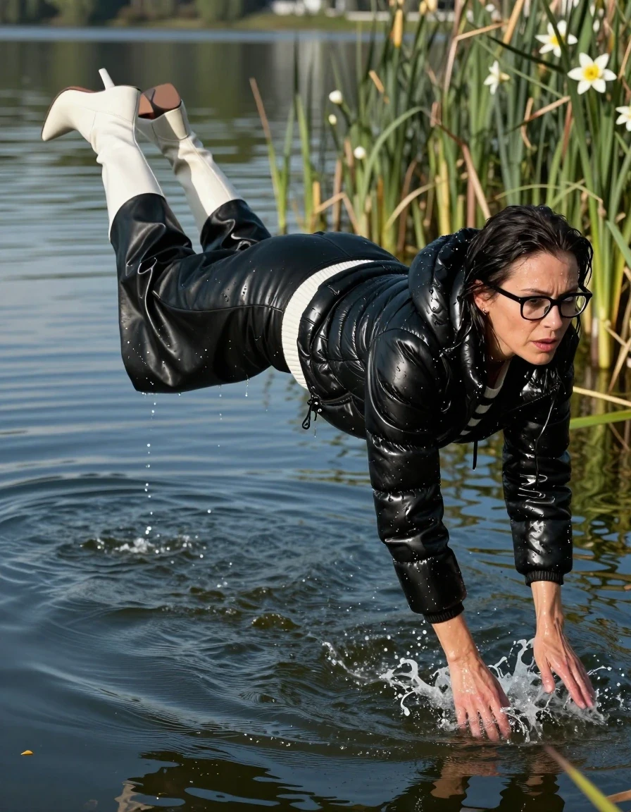 photo of young woman, in soaking wet, drenched clothes,
high-heeled white boots, black leather flared maxi skirt, shiny black & white striped sweater, maxi shiny black down jacket, Swimming and sinking deep into the water after diving in a lake with water lilies and reeds, 
enjoying, wet clothes stuck to body,
detailed textures of the wet clothes, wet face, wet plastered hair,
wet, drenched, professional, high-quality details, full body view.
sharp focus, ultra-high pixel detail, realistic, high-quality, full colors, incredibly detailed, 4k, 8k, 16k, hyper-realistic, RAW photo, masterpiece, ultra-detailed, professionally color graded, professional photograph, europen brunette skinny woman 50 years old, long dark black hair, office glasses, very big and thick lips, complete body, wet skin, wet clothes, damp fabric, wet skin, wet clothes, damp fabric, wet skin, wet clothes, damp fabric, wet skin, wet clothes, damp fabric, wet skin, wet clothes, damp fabric, wet skin, wet clothes, damp fabric, wet skin, wet clothes, damp fabric