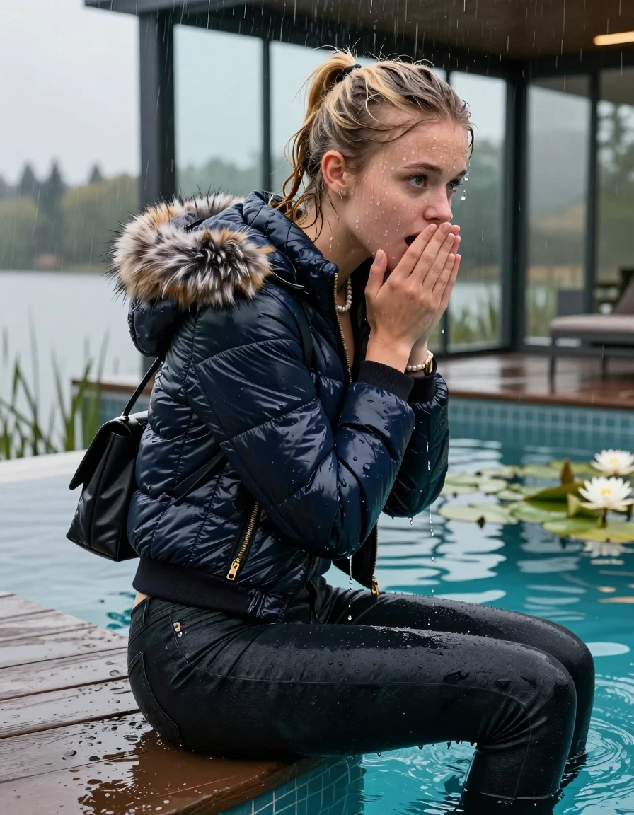 photo of young woman, in soaking wet, drenched clothes,
, Dark levis skinny jeans, Moncler shiny puffer down jacket with fur, Open jacket, tight v-neck sweater, shoulderbag, pearl necklace, bracelet, wristwatch, Orgasm in jetty by the lake with water lilies and reeds, 
enjoying, wet clothes stuck to body,
detailed textures of the wet clothes, wet face, wet plastered hair,
wet, drenched, professional, high-quality details, full body view.
sharp focus, ultra-high pixel detail, realistic, high-quality, full colors, incredibly detailed, 4k, 8k, 16k, hyper-realistic, RAW photo, masterpiece, ultra-detailed, professionally color graded, professional photograph, A realistic vertical fashion photograph taken from a backward, behind-the-back angle of a 15-year-old teenage girl sitting  in a glass-walled outdoor swimming pool, facing down to the camera to show her back. She is tilting her head at camera, letting the water drench her hair so it is glued flat against her head and body. She has a blonde ponytail , completely saturated and dripping wet hair, with water cascading down her face and neck. Afraid and astonished expression. cover her mouth with her hands. open mouth, big eyes. The lighting is bright and cinematic, highlighting the glistening water droplets on her skin and the saturated texture of her  casual clothes. Outside the large glass wall of the pool building, heavy rain is visible falling against the window. Soft, moody indoor lighting with reflections on the water. High-quality fashion photography style.
her clothing is soaking wet and clinging tightly to her skin, showing heavy wet folds, darkened fabric texture, and deep water-saturated Patches, her clothes are heavy from the water, water runs from her body and her clothes in streams. A lot of water also runs out of her clothes. Her clothes are darkened by the water. 
hyper-realistic wetness, high-contrast water sheen, sharp focus, 16k resolution, professional photography, realistic water physics., wet skin, wet clothes, damp fabric, wet skin, wet clothes, damp fabric, wet skin, wet clothes, damp fabric, wet skin, wet clothes, damp fabric, wet skin, wet clothes, damp fabric, wet skin, wet clothes, damp fabric, wet skin, wet clothes, damp fabric, wet skin, wet clothes, damp fabric, wet skin, wet clothes, damp fabric, wet skin, wet clothes, damp fabric, wet skin, wet clothes, damp fabric, wet skin, wet clothes, damp fabric, wet skin, wet clothes, damp fabric, wet skin, wet clothes, damp fabric, wet skin, wet clothes, damp fabric, wet skin, wet clothes, damp fabric, wet skin, wet clothes, damp fabric, wet skin, wet clothes, damp fabric, wet skin, wet clothes, damp fabric, wet skin, wet clothes, damp fabric, wet skin, wet clothes, damp fabric