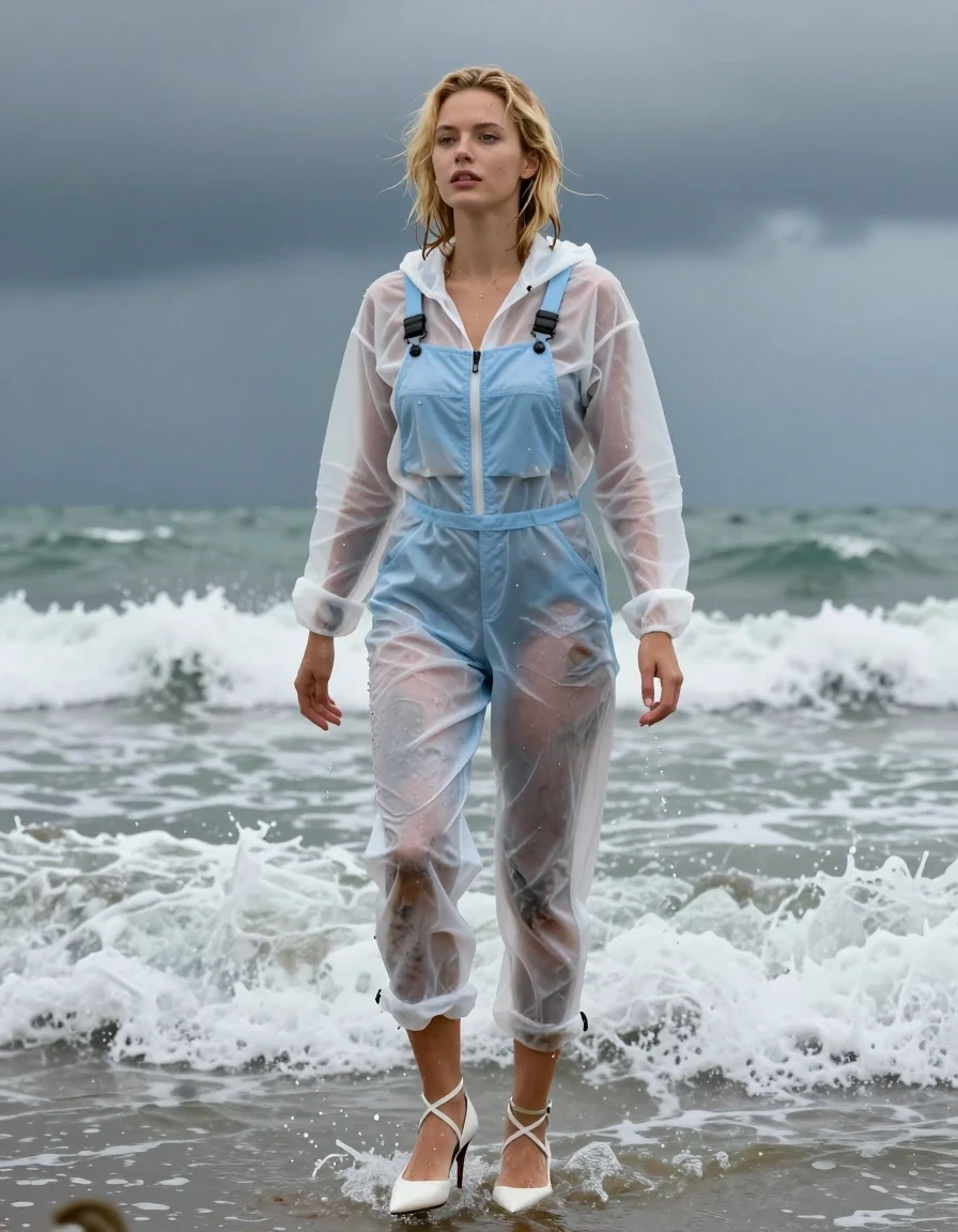 photo of young woman, in soaking wet, drenched clothes,
Strappy white stilettos, Dirty pale blue salopettes, Transparent White ski jacket , Standing in the surf, 
enjoying, wet clothes stuck to body,
detailed textures of the wet clothes, wet face, wet plastered hair,
wet, drenched, professional, high-quality details, full body view.
sharp focus, ultra-high pixel detail, realistic, high-quality, full colors, incredibly detailed, 4k, 8k, 16k, hyper-realistic, RAW photo, masterpiece, ultra-detailed, professionally color graded, professional photograph, Blonde, in thunder storm, wet skin, wet clothes, damp fabric, wet skin, wet clothes, damp fabric