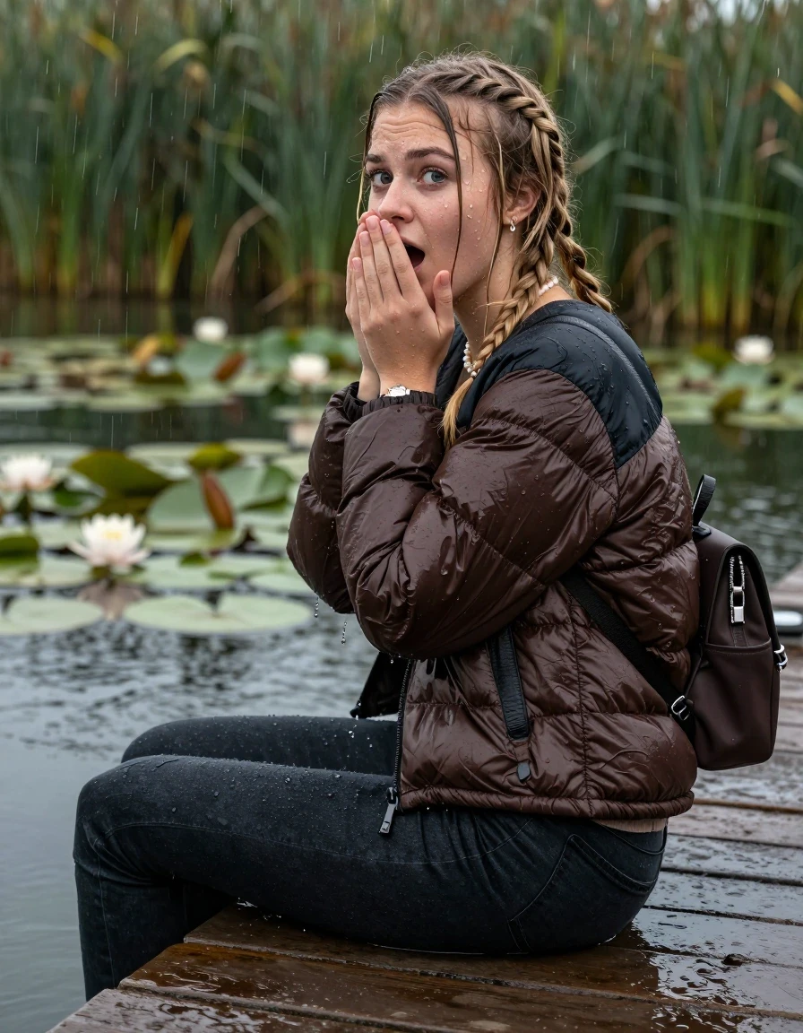 photo of young woman, in soaking wet, drenched clothes,
, Dark skinny jeans, brown north face puffer down jacket, Open jacket, tight v-neck sweater, shoulderbag, pearl necklace, bracelet, wristwatch, Orgasm in jetty by the lake with water lilies and reeds, 
enjoying, wet clothes stuck to body,
detailed textures of the wet clothes, wet face, wet plastered hair,
wet, drenched, professional, high-quality details, full body view.
sharp focus, ultra-high pixel detail, realistic, high-quality, full colors, incredibly detailed, 4k, 8k, 16k, hyper-realistic, RAW photo, masterpiece, ultra-detailed, professionally color graded, professional photograph, A realistic vertical fashion photograph taken from a backward, behind-the-back angle of a 15-year-old teenage girl sitting on a jetty by the lake , facing to the camera to show her back. She is tilting her head at camera, letting the water drench her hair so it is glued flat against her head and body. She has two blonde long braids , completely saturated and dripping wet hair, with water cascading down her face and neck. Afraid and astonished expression. cover her mouth with her hands. open mouth, big eyes. The lighting is bright and cinematic, highlighting the glistening water droplets on her skin and the saturated texture of her  casual clothes. Heavy rain is visible falling against her. Soft, moody indoor lighting with reflections on the water. High-quality fashion photography style.
her clothing is soaking wet and clinging tightly to her skin, showing heavy wet folds, darkened fabric texture, and deep water-saturated Patches, her clothes are heavy from the water, water runs from her body and her clothes in streams. A lot of water also runs out of her clothes. Her clothes are darkened by the water. 
hyper-realistic wetness, high-contrast water sheen, sharp focus, 16k resolution, professional photography, realistic water physics., wet skin, wet clothes, damp fabric, wet skin, wet clothes, damp fabric, wet skin, wet clothes, damp fabric, wet skin, wet clothes, damp fabric, wet skin, wet clothes, damp fabric, wet skin, wet clothes, damp fabric, wet skin, wet clothes, damp fabric, wet skin, wet clothes, damp fabric, wet skin, wet clothes, damp fabric, wet skin, wet clothes, damp fabric, wet skin, wet clothes, damp fabric, wet skin, wet clothes, damp fabric, wet skin, wet clothes, damp fabric, wet skin, wet clothes, damp fabric, wet skin, wet clothes, damp fabric, wet skin, wet clothes, damp fabric, wet skin, wet clothes, damp fabric, wet skin, wet clothes, damp fabric, wet skin, wet clothes, damp fabric