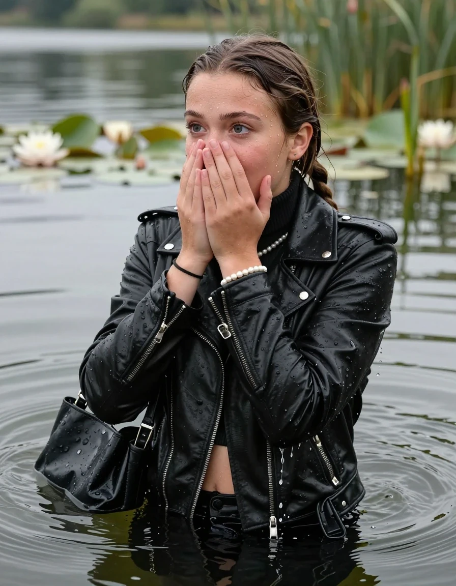 photo of young woman, in soaking wet, drenched clothes,
, , black biker leatherjacket,  closed jacket, tight knit turtleneck sweater belly free, shoulderbag, pearl necklace, bracelet, wristwatch, Swimming and sinking deep into the water after diving in a lake with water lilies and reeds, 
enjoying, wet clothes stuck to body,
detailed textures of the wet clothes, wet face, wet plastered hair,
wet, drenched, professional, high-quality details, full body view.
sharp focus, ultra-high pixel detail, realistic, high-quality, full colors, incredibly detailed, 4k, 8k, 16k, hyper-realistic, RAW photo, masterpiece, ultra-detailed, professionally color graded, professional photograph, braided hair

15 years old  teenage girl

Looking away, Whole body and shoulders are submerged under the surface. open mouth, big eyes. Make-up.

she is completely underwater up to her neck.

She covers her whole face mouth and nose with her hands.

her submerged clothes are hardly vusible under water, she soaked her handbag into the water
she is completely underwater up to her neck, astonished expression. 

her clothing is soaking wet and clinging tightly to her skin, showing heavy wet folds, darkened fabric texture, and deep water-saturated Patches, her clothes are heavy from the water, water runs from her body and her clothes in streams. A lot of water also runs out of her clothes. Her clothes are darkened by the water. Her submerged clothes are good visible under the water.  she soaked her handbag into the water.

close up view, wet skin, wet clothes, wet hair, damp fabric, water runs down the clothes, wet skin, wet clothes, damp fabric. cinematic medium shot, hyper-realistic wetness, high-contrast water sheen, sharp focus, 16k resolution, professional photography, realistic water physics., wet skin, wet clothes, damp fabric, wet skin, wet clothes, damp fabric, wet skin, wet clothes, damp fabric, wet skin, wet clothes, damp fabric, wet skin, wet clothes, damp fabric