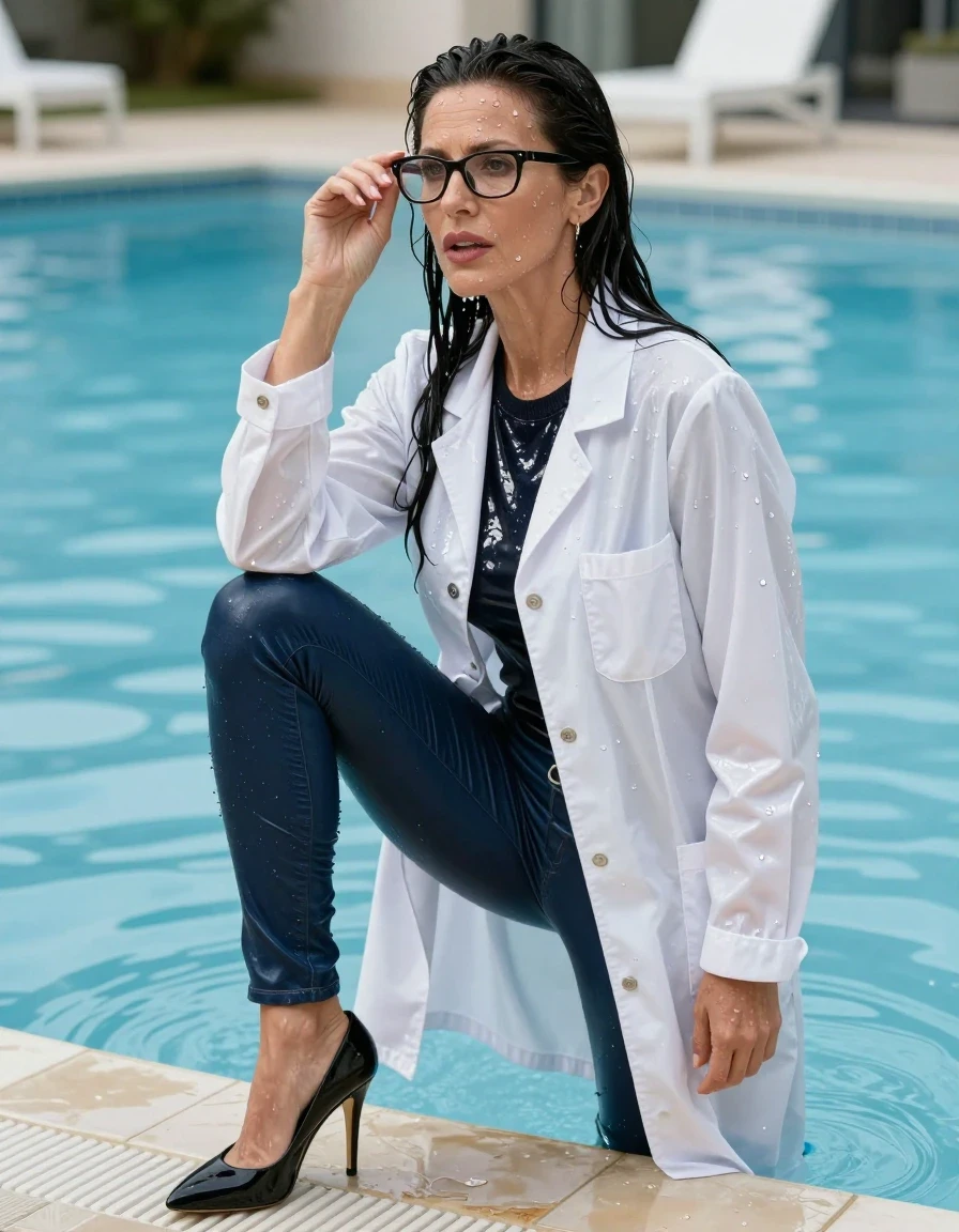 photo of young woman, in soaking wet, drenched clothes,
high-heeled shoes, long dark blue tight leather jeans, shiny black floral sweater, maxi shiny white labcoat, after bath in sunny pool, 
enjoying, wet clothes stuck to body,
detailed textures of the wet clothes, wet face, wet plastered hair,
wet, drenched, professional, high-quality details, full body view.
sharp focus, ultra-high pixel detail, realistic, high-quality, full colors, incredibly detailed, 4k, 8k, 16k, hyper-realistic, RAW photo, masterpiece, ultra-detailed, professionally color graded, professional photograph, europen brunette skinny woman 50 years old, long dark black hair, office glasses, very big and thick lips, complete body, wet skin, wet clothes, damp fabric, wet skin, wet clothes, damp fabric, wet skin, wet clothes, damp fabric, wet skin, wet clothes, damp fabric, wet skin, wet clothes, damp fabric, wet skin, wet clothes, damp fabric, wet skin, wet clothes, damp fabric