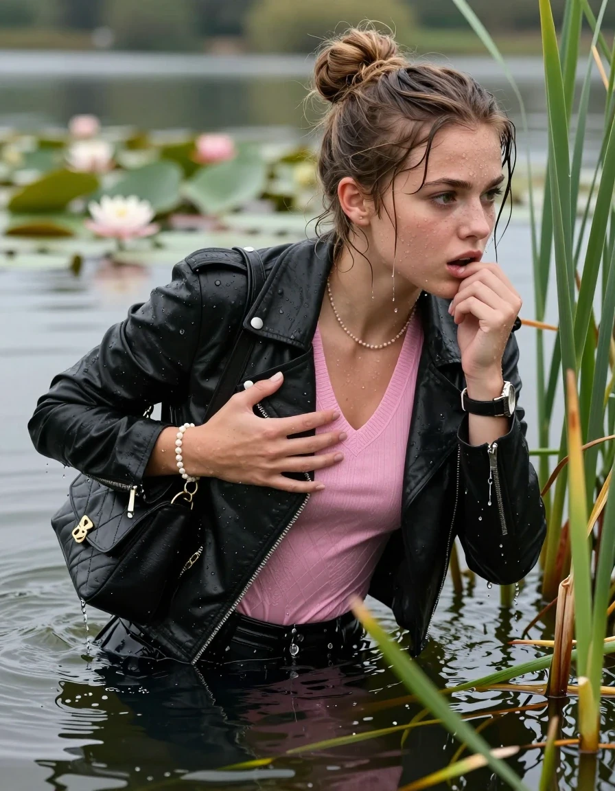 photo of young woman, in soaking wet, drenched clothes,
, , black biker leatherjacket, tight pink v-neck sweater with diamond pattern belly free, shoulderbag, pearl necklace, bracelet, wristwatch, Swimming and sinking deep into the water after diving in a lake with water lilies and reeds, 
enjoying, wet clothes stuck to body,
detailed textures of the wet clothes, wet face, wet plastered hair,
wet, drenched, professional, high-quality details, full body view.
sharp focus, ultra-high pixel detail, realistic, high-quality, full colors, incredibly detailed, 4k, 8k, 16k, hyper-realistic, RAW photo, masterpiece, ultra-detailed, professionally color graded, professional photograph, half-up with a topknot

19-years-old  teenage girl

Looking at side, Whole body and shoulders are submerged under the surface. closed mouth, big eyes.

she is completely underwater up to her neck. Leaning forward and hide in the reeds.

hold a hand on her breast ans one hand on her chin.

her submerged clothes are hardly visible under water, she soaked her handbag into the water
she is completely underwater up to her neck, frightened and astonished expression. 

her clothing is soaking wet and clinging tightly to her skin, showing heavy wet folds, darkened fabric texture, and deep water-saturated Patches, her clothes are heavy from the water, water runs from her body and her clothes in streams. A lot of water also runs out of her clothes. Her clothes are darkened by the water. Her submerged clothes are good visible under the water.  she soaked her handbag into the water.

close up view, wet skin, wet clothes, wet hair, damp fabric, water runs down the clothes, wet skin, wet clothes, damp fabric. cinematic medium shot, hyper-realistic wetness, high-contrast water sheen, sharp focus, 16k resolution, professional photography, realistic water physics., wet skin, wet clothes, damp fabric, wet skin, wet clothes, damp fabric, wet skin, wet clothes, damp fabric, wet skin, wet clothes, damp fabric, wet skin, wet clothes, damp fabric