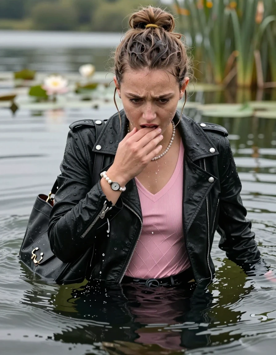 photo of young woman, in soaking wet, drenched clothes,
, , black biker leatherjacket, tight pink v-neck sweater with diamond pattern belly free, shoulderbag, pearl necklace, bracelet, wristwatch, Swimming and sinking deep into the water after diving in a lake with water lilies and reeds, 
enjoying, wet clothes stuck to body,
detailed textures of the wet clothes, wet face, wet plastered hair,
wet, drenched, professional, high-quality details, full body view.
sharp focus, ultra-high pixel detail, realistic, high-quality, full colors, incredibly detailed, 4k, 8k, 16k, hyper-realistic, RAW photo, masterpiece, ultra-detailed, professionally color graded, professional photograph, half-up with a topknot

15-years-old  teenage girl

Looking down, Whole body and shoulders are submerged under the surface. open mouth, big eyes.

she is completely underwater up to her neck.

hold a hand over her mouth.

her submerged clothes are hardly visible under water, she soaked her handbag into the water
she is completely underwater up to her neck, worried and embarrassed expression. 

her clothing is soaking wet and clinging tightly to her skin, showing heavy wet folds, darkened fabric texture, and deep water-saturated Patches, her clothes are heavy from the water, water runs from her body and her clothes in streams. A lot of water also runs out of her clothes. Her clothes are darkened by the water. Her submerged clothes are good visible under the water.  she soaked her handbag into the water.

close up view, wet skin, wet clothes, wet hair, damp fabric, water runs down the clothes, wet skin, wet clothes, damp fabric. cinematic medium shot, hyper-realistic wetness, high-contrast water sheen, sharp focus, 16k resolution, professional photography, realistic water physics., wet skin, wet clothes, damp fabric, wet skin, wet clothes, damp fabric, wet skin, wet clothes, damp fabric, wet skin, wet clothes, damp fabric, wet skin, wet clothes, damp fabric