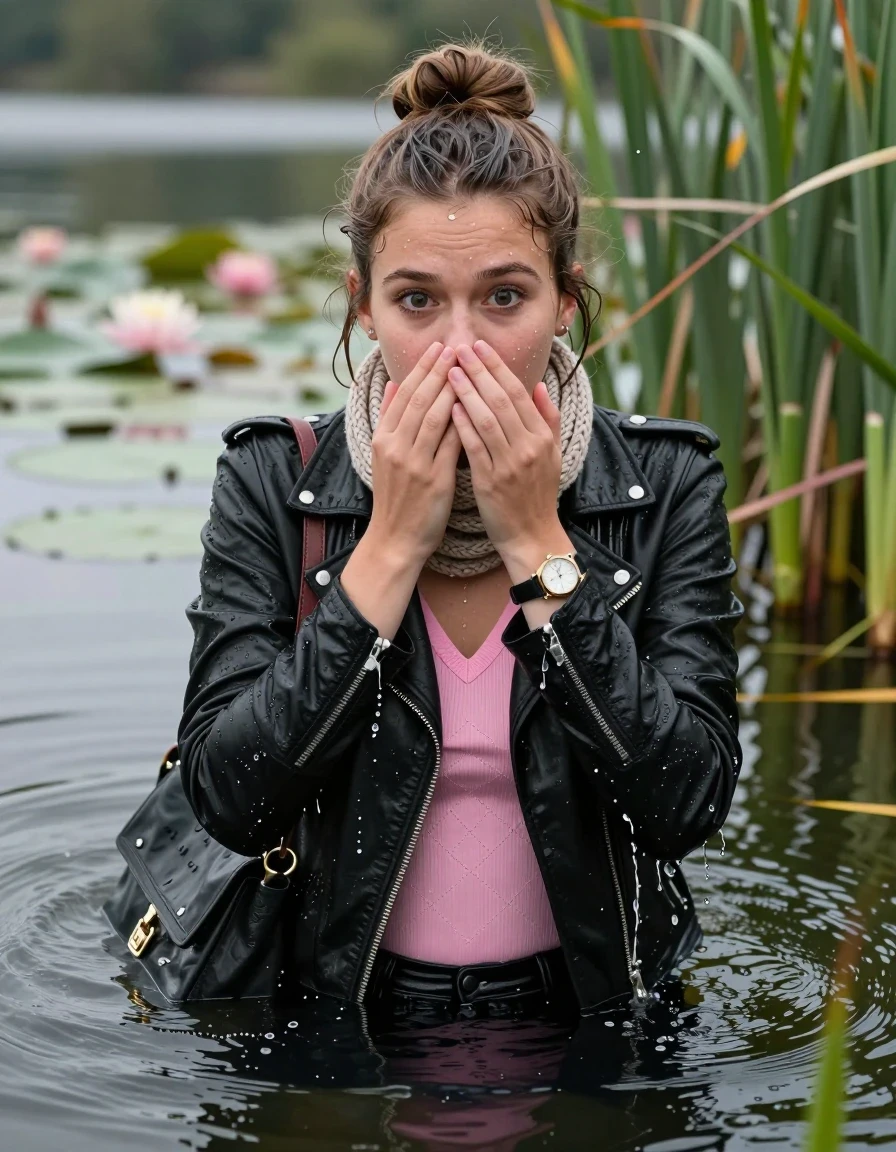 photo of young woman, in soaking wet, drenched clothes,
, , black biker leatherjacket, tight pink v-neck sweater with diamond pattern belly free, shoulderbag, pearl necklace, bracelet, wristwatch, knitted scarf, Swimming and sinking deep into the water after diving in a lake with water lilies and reeds, 
enjoying, wet clothes stuck to body,
detailed textures of the wet clothes, wet face, wet plastered hair,
wet, drenched, professional, high-quality details, full body view.
sharp focus, ultra-high pixel detail, realistic, high-quality, full colors, incredibly detailed, 4k, 8k, 16k, hyper-realistic, RAW photo, masterpiece, ultra-detailed, professionally color graded, professional photograph, half-up with a topknot

19-years-old  teenage girl

Whole body and shoulders are submerged under the surface. closed mouth, big eyes.

she is completely underwater up to her neck. She hide in the reeds and is surprised from visitors.

hold her hands on her mouth and nose.

her submerged clothes are hardly visible under water, she soaked her handbag into the water
she is completely underwater up to her neck, frightened and astonished expression. 

her clothing is soaking wet and clinging tightly to her skin, showing heavy wet folds, darkened fabric texture, and deep water-saturated Patches, her clothes are heavy from the water, water runs from her body and her clothes in streams. A lot of water also runs out of her clothes. Her clothes are darkened by the water. Her submerged clothes are good visible under the water.  she soaked her handbag into the water.

close up view, wet skin, wet clothes, wet hair, damp fabric, water runs down the clothes, wet skin, wet clothes, damp fabric. cinematic medium shot, hyper-realistic wetness, high-contrast water sheen, sharp focus, 16k resolution, professional photography, realistic water physics., wet skin, wet clothes, damp fabric, wet skin, wet clothes, damp fabric, wet skin, wet clothes, damp fabric, wet skin, wet clothes, damp fabric, wet skin, wet clothes, damp fabric