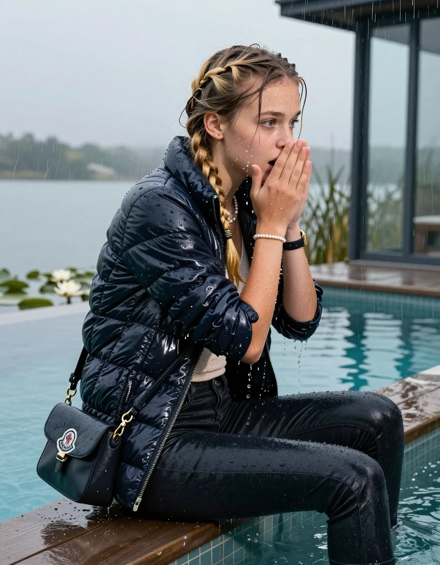 photo of young woman, in soaking wet, drenched clothes,
, Dark skinny jeans, Moncler shiny puffer down jacket, Open jacket, tight v-neck sweater, shoulderbag, pearl necklace, bracelet, wristwatch, Orgasm in jetty by the lake with water lilies and reeds, 
enjoying, wet clothes stuck to body,
detailed textures of the wet clothes, wet face, wet plastered hair,
wet, drenched, professional, high-quality details, full body view.
sharp focus, ultra-high pixel detail, realistic, high-quality, full colors, incredibly detailed, 4k, 8k, 16k, hyper-realistic, RAW photo, masterpiece, ultra-detailed, professionally color graded, professional photograph, A realistic vertical fashion photograph taken from a backward, behind-the-back angle of a 15-year-old teenage girl sitting  in a glass-walled outdoor swimming pool, facing down to the camera to show her back. She is tilting her head at camera, letting the water drench her hair so it is glued flat against her head and body. She has two blonde long braids , completely saturated and dripping wet hair, with water cascading down her face and neck. Afraid and astonished expression. cover her mouth with her hands. open mouth, big eyes. The lighting is bright and cinematic, highlighting the glistening water droplets on her skin and the saturated texture of her  casual clothes. Outside the large glass wall of the pool building, heavy rain is visible falling against the window. Soft, moody indoor lighting with reflections on the water. High-quality fashion photography style.
her clothing is soaking wet and clinging tightly to her skin, showing heavy wet folds, darkened fabric texture, and deep water-saturated Patches, her clothes are heavy from the water, water runs from her body and her clothes in streams. A lot of water also runs out of her clothes. Her clothes are darkened by the water. 
hyper-realistic wetness, high-contrast water sheen, sharp focus, 16k resolution, professional photography, realistic water physics., wet skin, wet clothes, damp fabric, wet skin, wet clothes, damp fabric, wet skin, wet clothes, damp fabric, wet skin, wet clothes, damp fabric, wet skin, wet clothes, damp fabric, wet skin, wet clothes, damp fabric, wet skin, wet clothes, damp fabric, wet skin, wet clothes, damp fabric, wet skin, wet clothes, damp fabric, wet skin, wet clothes, damp fabric, wet skin, wet clothes, damp fabric, wet skin, wet clothes, damp fabric, wet skin, wet clothes, damp fabric, wet skin, wet clothes, damp fabric, wet skin, wet clothes, damp fabric, wet skin, wet clothes, damp fabric, wet skin, wet clothes, damp fabric, wet skin, wet clothes, damp fabric, wet skin, wet clothes, damp fabric, wet skin, wet clothes, damp fabric