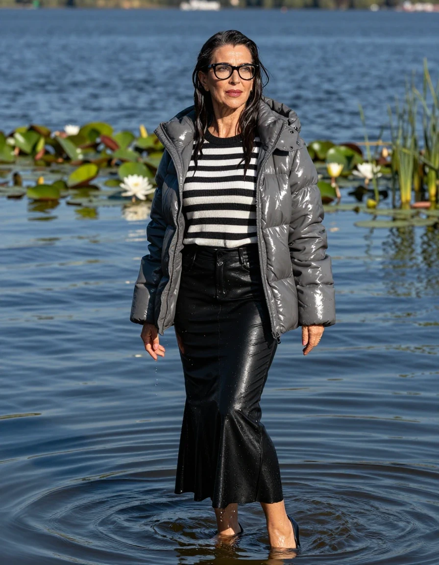 photo of young woman, in soaking wet, drenched clothes,
high-heeled shoes, black leather flared maxi skirt, shiny black & white striped sweater, maxi shiny gray down jacket, Swimming complete submerged under very deep sunny lake with water lilies and reeds, 
enjoying, wet clothes stuck to body,
detailed textures of the wet clothes, wet face, wet plastered hair,
wet, drenched, professional, high-quality details, full body view.
sharp focus, ultra-high pixel detail, realistic, high-quality, full colors, incredibly detailed, 4k, 8k, 16k, hyper-realistic, RAW photo, masterpiece, ultra-detailed, professionally color graded, professional photograph, europen brunette skinny woman 50 years old, long dark black hair, office glasses, very big and thick lips, complete body, wet skin, wet clothes, damp fabric, wet skin, wet clothes, damp fabric, wet skin, wet clothes, damp fabric, wet skin, wet clothes, damp fabric, wet skin, wet clothes, damp fabric, wet skin, wet clothes, damp fabric, wet skin, wet clothes, damp fabric