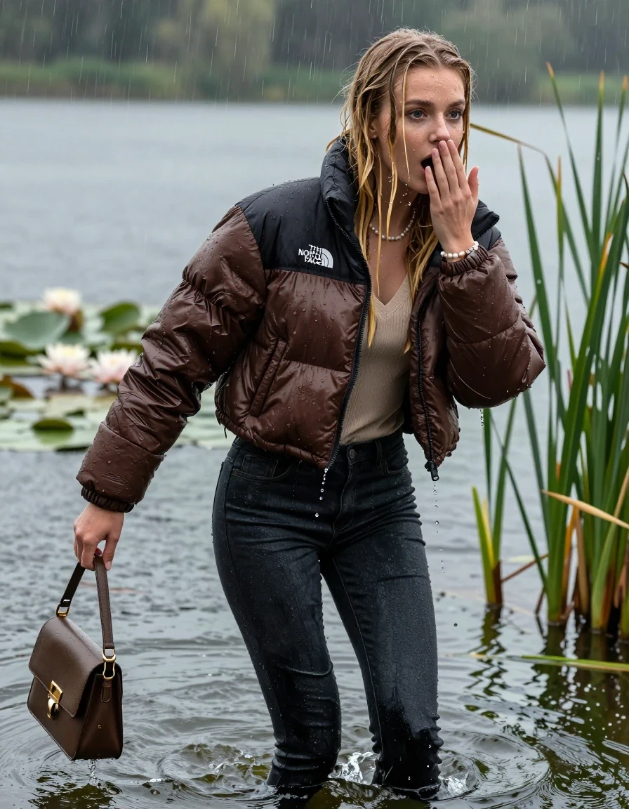 photo of young woman, in soaking wet, drenched clothes,
, tight Dark skinny jeans, brown north face puffer down jacket, Open jacket, tight v-neck sweater, shoulderbag, pearl necklace, bracelet, wristwatch,  lake with water lilies and reeds, 
enjoying, wet clothes stuck to body,
detailed textures of the wet clothes, wet face, wet plastered hair,
wet, drenched, professional, high-quality details, full body view.
sharp focus, ultra-high pixel detail, realistic, high-quality, full colors, incredibly detailed, 4k, 8k, 16k, hyper-realistic, RAW photo, masterpiece, ultra-detailed, professionally color graded, professional photograph, A realistic vertical fashion photograph taken from a backward, behind-the-back angle of a 18-year-old teenage girl take a dip in the lake after diving in the water, facing to the camera to show her back. She is tilting her head at camera, letting the water drench her hair so it is glued flat against her head and body. She has two blonde sleek very long straight hair, completely saturated and dripping wet hair, with water cascading down her face and neck. Afraid and astonished expression. cover her mouth with her hands. open mouth, big eyes. The lighting is bright and cinematic, highlighting the glistening water droplets on her clothes and the saturated texture of her  casual clothes. Heavy rain is visible falling against her. She soaked her handbag in the water. She hide in the reeds. Soft, moody indoor lighting with reflections on the water. High-quality fashion photography style.
her clothing is soaking wet and clinging tightly to her skin, showing heavy wet folds, darkened fabric texture, and deep water-saturated Patches, her clothes are heavy from the water, water runs from her body and her clothes in streams. A lot of water also runs out of her clothes. Her clothes are darkened by the water. 
hyper-realistic wetness, high-contrast water sheen, sharp focus, 16k resolution, professional photography, realistic water physics., wet skin, wet clothes, damp fabric, wet skin, wet clothes, damp fabric, wet skin, wet clothes, damp fabric, wet skin, wet clothes, damp fabric, wet skin, wet clothes, damp fabric, wet skin, wet clothes, damp fabric, wet skin, wet clothes, damp fabric, wet skin, wet clothes, damp fabric, wet skin, wet clothes, damp fabric, wet skin, wet clothes, damp fabric, wet skin, wet clothes, damp fabric, wet skin, wet clothes, damp fabric, wet skin, wet clothes, damp fabric, wet skin, wet clothes, damp fabric, wet skin, wet clothes, damp fabric, wet skin, wet clothes, damp fabric, wet skin, wet clothes, damp fabric, wet skin, wet clothes, damp fabric, wet skin, wet clothes, damp fabric, wet skin, wet clothes, damp fabric, wet skin, wet clothes, damp fabric