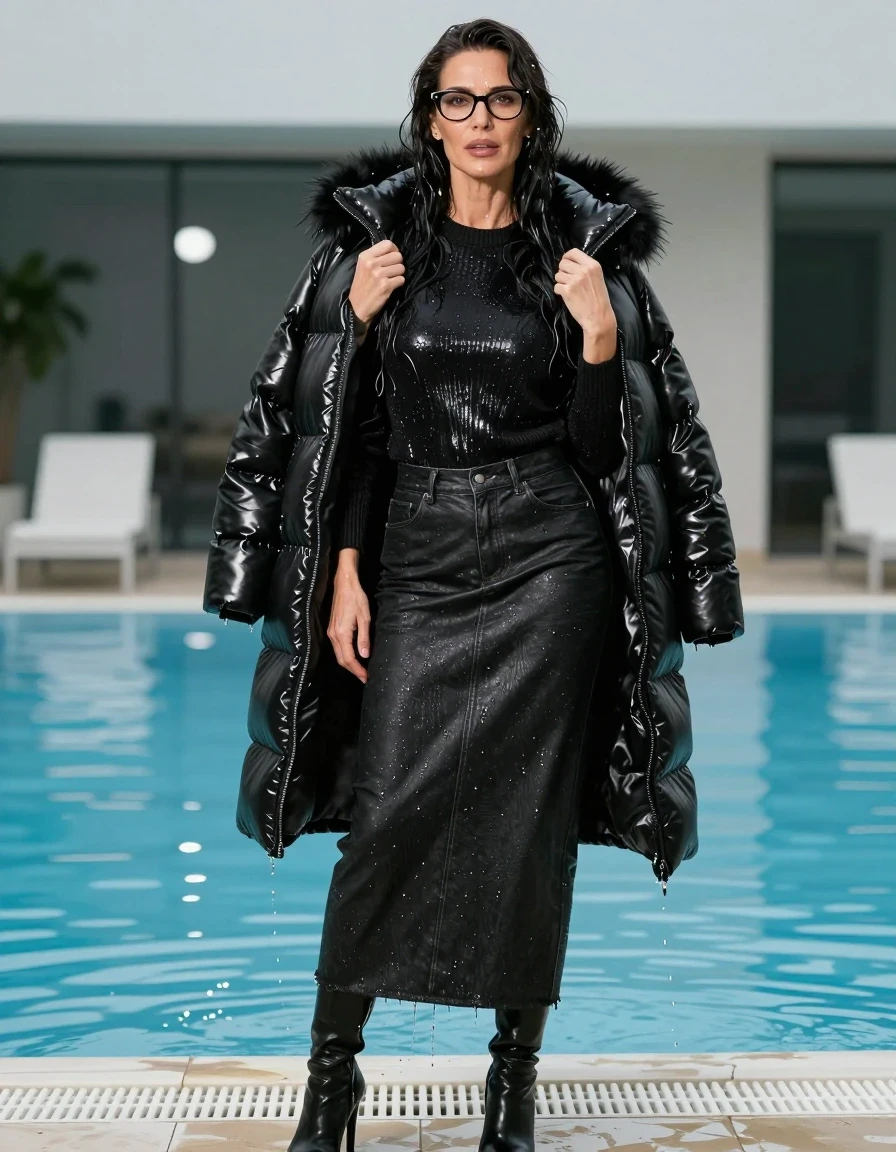 photo of young woman, in soaking wet, drenched clothes,
high-heeled boots, shiny black leather denim maxi skirt, shiny black sweater, maxi shiny black ldown jacket with fur, after swim in pool, enjoying wet clothes stuck body, enjoying, wet clothes stuck to body, 
enjoying, wet clothes stuck to body,
detailed textures of the wet clothes, wet face, wet plastered hair,
wet, drenched, professional, high-quality details, full body view.
sharp focus, ultra-high pixel detail, realistic, high-quality, full colors, incredibly detailed, 4k, 8k, 16k, hyper-realistic, RAW photo, masterpiece, ultra-detailed, professionally color graded, professional photograph, europen brunette skinny woman 50 years old, long dark black hair, office glasses, very big and thick lips, complete body, wet skin, wet clothes, damp fabric, wet skin, wet clothes, damp fabric, wet skin, wet clothes, damp fabric, wet skin, wet clothes, damp fabric, wet skin, wet clothes, damp fabric, wet skin, wet clothes, damp fabric, wet skin, wet clothes, damp fabric