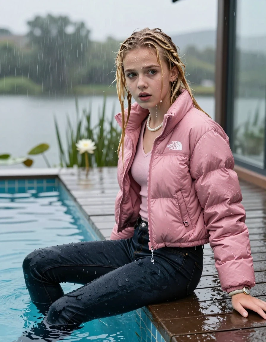photo of young woman, in soaking wet, drenched clothes,
, Dark levis skinny jeans, Pink north face puffer down jacket, tight v-neck sweater, shoulderbag, pearl necklace, bracelet, wristwatch, jetty by the lake with water lilies and reeds, 
enjoying, wet clothes stuck to body,
detailed textures of the wet clothes, wet face, wet plastered hair,
wet, drenched, professional, high-quality details, full body view.
sharp focus, ultra-high pixel detail, realistic, high-quality, full colors, incredibly detailed, 4k, 8k, 16k, hyper-realistic, RAW photo, masterpiece, ultra-detailed, professionally color graded, professional photograph, A realistic vertical fashion photograph taken from a backward, behind-the-back angle of a 11-years-old girl sitting  and slides into a glass-walled outdoor swimming pool, facing down to the camera to show her back. She is tilting her head at camera, letting the water drench her hair so it is glued flat against her head and body. She has blonde Sleek long straight hair with braids, completely saturated and dripping wet hair, with water cascading down her face and neck. Afraid and astonished expression. big eyes. The lighting is bright and cinematic, highlighting the glistening water droplets on her skin and the saturated texture of her  casual clothes. Outside the large glass wall of the pool building, heavy rain is visible falling against the window. Soft, moody indoor lighting with reflections on the water. High-quality fashion photography style.
her clothing is soaking wet and clinging tightly to her skin, showing heavy wet folds, darkened fabric texture, and deep water-saturated Patches, her clothes are heavy from the water, water runs from her body and her clothes in streams. A lot of water also runs out of her clothes. Her clothes are darkened by the water. 
hyper-realistic wetness, high-contrast water sheen, sharp focus, 16k resolution, professional photography, realistic water physics., wet skin, wet clothes, damp fabric, wet skin, wet clothes, damp fabric, wet skin, wet clothes, damp fabric, wet skin, wet clothes, damp fabric, wet skin, wet clothes, damp fabric, wet skin, wet clothes, damp fabric, wet skin, wet clothes, damp fabric, wet skin, wet clothes, damp fabric, wet skin, wet clothes, damp fabric, wet skin, wet clothes, damp fabric, wet skin, wet clothes, damp fabric, wet skin, wet clothes, damp fabric, wet skin, wet clothes, damp fabric, wet skin, wet clothes, damp fabric, wet skin, wet clothes, damp fabric, wet skin, wet clothes, damp fabric, wet skin, wet clothes, damp fabric, wet skin, wet clothes, damp fabric, wet skin, wet clothes, damp fabric, wet skin, wet clothes, damp fabric, wet skin, wet clothes, damp fabric, wet skin, wet clothes, damp fabric