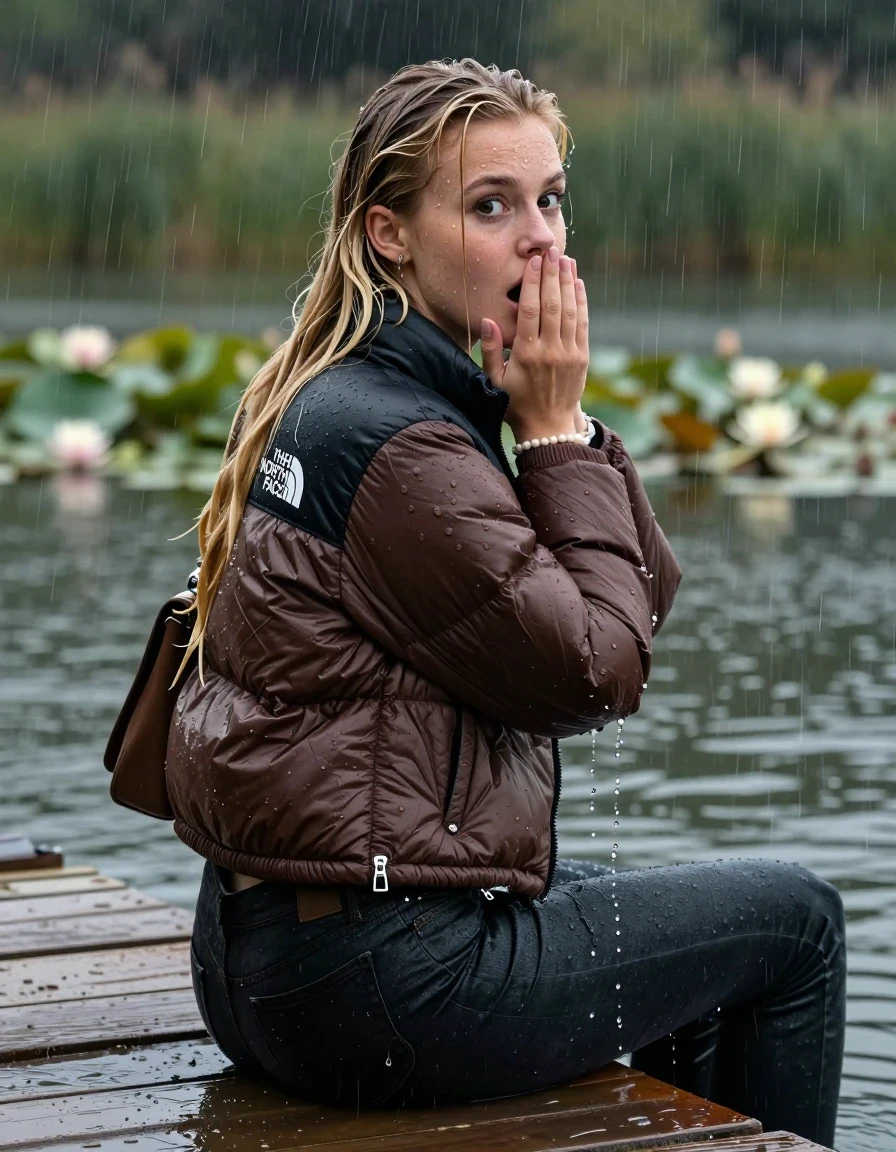 photo of young woman, in soaking wet, drenched clothes,
, Dark skinny jeans, brown north face puffer down jacket, Open jacket, tight v-neck sweater, shoulderbag, pearl necklace, bracelet, wristwatch,  jetty by the lake with water lilies and reeds, 
enjoying, wet clothes stuck to body,
detailed textures of the wet clothes, wet face, wet plastered hair,
wet, drenched, professional, high-quality details, full body view.
sharp focus, ultra-high pixel detail, realistic, high-quality, full colors, incredibly detailed, 4k, 8k, 16k, hyper-realistic, RAW photo, masterpiece, ultra-detailed, professionally color graded, professional photograph, A realistic vertical fashion photograph taken from a backward, behind-the-back angle of a 18-year-old teenage girl sitting on a jetty by the lake after diving in the water, facing to the camera to show her back. She is tilting her head at camera, letting the water drench her hair so it is glued flat against her head and body. She has two blonde sleek very long straight hair  , completely saturated and dripping wet hair, with water cascading down her face and neck. Afraid and astonished expression. cover her mouth with her hands. open mouth, big eyes. The lighting is bright and cinematic, highlighting the glistening water droplets on her skin and the saturated texture of her  casual clothes. Heavy rain is visible falling against her. Soft, moody indoor lighting with reflections on the water. High-quality fashion photography style.
her clothing is soaking wet and clinging tightly to her skin, showing heavy wet folds, darkened fabric texture, and deep water-saturated Patches, her clothes are heavy from the water, water runs from her body and her clothes in streams. A lot of water also runs out of her clothes. Her clothes are darkened by the water. 
hyper-realistic wetness, high-contrast water sheen, sharp focus, 16k resolution, professional photography, realistic water physics., wet skin, wet clothes, damp fabric, wet skin, wet clothes, damp fabric, wet skin, wet clothes, damp fabric, wet skin, wet clothes, damp fabric, wet skin, wet clothes, damp fabric, wet skin, wet clothes, damp fabric, wet skin, wet clothes, damp fabric, wet skin, wet clothes, damp fabric, wet skin, wet clothes, damp fabric, wet skin, wet clothes, damp fabric, wet skin, wet clothes, damp fabric, wet skin, wet clothes, damp fabric, wet skin, wet clothes, damp fabric, wet skin, wet clothes, damp fabric, wet skin, wet clothes, damp fabric, wet skin, wet clothes, damp fabric, wet skin, wet clothes, damp fabric, wet skin, wet clothes, damp fabric, wet skin, wet clothes, damp fabric