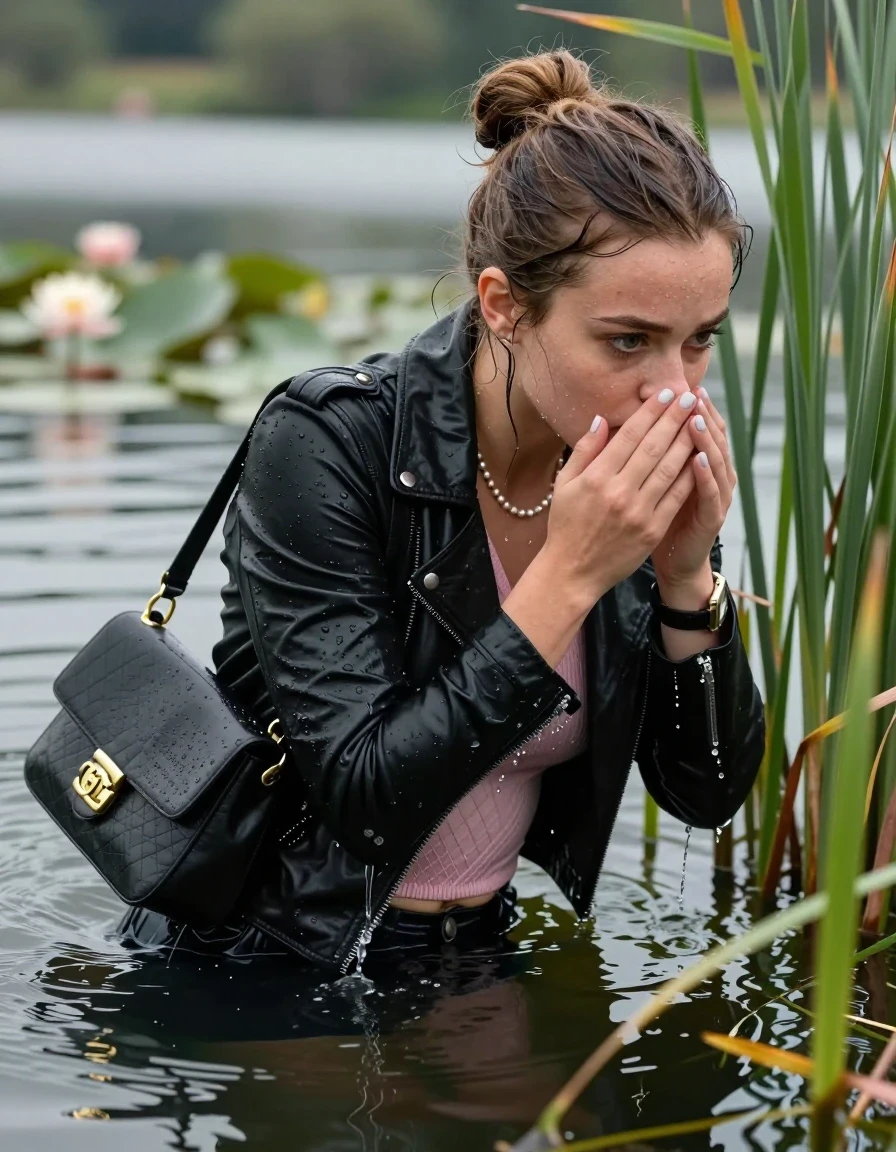 photo of young woman, in soaking wet, drenched clothes,
, , black biker leatherjacket, tight pink v-neck sweater with diamond pattern belly free, shoulderbag, pearl necklace, bracelet, wristwatch, Swimming and sinking deep into the water after diving in a lake with water lilies and reeds, 
enjoying, wet clothes stuck to body,
detailed textures of the wet clothes, wet face, wet plastered hair,
wet, drenched, professional, high-quality details, full body view.
sharp focus, ultra-high pixel detail, realistic, high-quality, full colors, incredibly detailed, 4k, 8k, 16k, hyper-realistic, RAW photo, masterpiece, ultra-detailed, professionally color graded, professional photograph, half-up with a topknot

19-years-old  teenage girl

Looking at side, Whole body and shoulders are submerged under the surface. closed mouth, big eyes.

she is completely underwater up to her neck. Leaning forward and hide in the reeds.

hold her hands on her mouth and nose.

her submerged clothes are hardly visible under water, she soaked her handbag into the water
she is completely underwater up to her neck, frightened and astonished expression. 

her clothing is soaking wet and clinging tightly to her skin, showing heavy wet folds, darkened fabric texture, and deep water-saturated Patches, her clothes are heavy from the water, water runs from her body and her clothes in streams. A lot of water also runs out of her clothes. Her clothes are darkened by the water. Her submerged clothes are good visible under the water.  she soaked her handbag into the water.

close up view, wet skin, wet clothes, wet hair, damp fabric, water runs down the clothes, wet skin, wet clothes, damp fabric. cinematic medium shot, hyper-realistic wetness, high-contrast water sheen, sharp focus, 16k resolution, professional photography, realistic water physics., wet skin, wet clothes, damp fabric, wet skin, wet clothes, damp fabric, wet skin, wet clothes, damp fabric, wet skin, wet clothes, damp fabric, wet skin, wet clothes, damp fabric