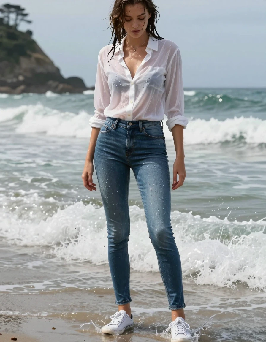 photo of young woman, in soaking wet, drenched clothes,
Sneakers, Medium Blue low waisted long skinny jeans, White transparent shirt, Beach with breaking waves at a natural pacific beach, 
enjoying, wet clothes stuck to body,
detailed textures of the wet clothes, wet face, wet plastered hair,
wet, drenched, professional, high-quality details, full body view.
sharp focus, ultra-high pixel detail, realistic, high-quality, full colors, incredibly detailed, 4k, 8k, 16k, hyper-realistic, RAW photo, masterpiece, ultra-detailed, professionally color graded, professional photograph, Wading in waves, drenched shiny jeans, glistening wet jeans, Wetlook jeans, coated jeans
Slim sportiv European Girl, wet skin, wet clothes, damp fabric
