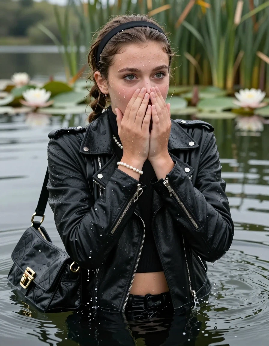 photo of young woman, in soaking wet, drenched clothes,
, , black biker leatherjacket,  closed jacket, tight knit turtleneck sweater belly free, shoulderbag, pearl necklace, bracelet, wristwatch, Swimming and sinking deep into the water after diving in a lake with water lilies and reeds, 
enjoying, wet clothes stuck to body,
detailed textures of the wet clothes, wet face, wet plastered hair,
wet, drenched, professional, high-quality details, full body view.
sharp focus, ultra-high pixel detail, realistic, high-quality, full colors, incredibly detailed, 4k, 8k, 16k, hyper-realistic, RAW photo, masterpiece, ultra-detailed, professionally color graded, professional photograph, braided hair, hairband

15 years old  teenage girl

Looking away, Whole body and shoulders are submerged under the surface. open mouth, big eyes. Make-up.

she is completely underwater up to her neck.

She covers her whole face mouth and nose with her hands.

her submerged clothes are hardly vusible under water, she soaked her handbag into the water
she is completely underwater up to her neck, astonished expression. 

her clothing is soaking wet and clinging tightly to her skin, showing heavy wet folds, darkened fabric texture, and deep water-saturated Patches, her clothes are heavy from the water, water runs from her body and her clothes in streams. A lot of water also runs out of her clothes. Her clothes are darkened by the water. Her submerged clothes are good visible under the water.  she soaked her handbag into the water.

close up view, wet skin, wet clothes, wet hair, damp fabric, water runs down the clothes, wet skin, wet clothes, damp fabric. cinematic medium shot, hyper-realistic wetness, high-contrast water sheen, sharp focus, 16k resolution, professional photography, realistic water physics., wet skin, wet clothes, damp fabric, wet skin, wet clothes, damp fabric, wet skin, wet clothes, damp fabric, wet skin, wet clothes, damp fabric, wet skin, wet clothes, damp fabric