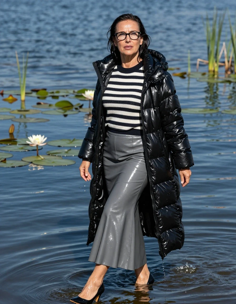 photo of young woman, in soaking wet, drenched clothes,
high-heeled shoes, gray leather flared maxi skirt, shiny black & white striped sweater, maxi shiny black down jacket, Swimming complete submerged under very deep sunny lake with water lilies and reeds, 
enjoying, wet clothes stuck to body,
detailed textures of the wet clothes, wet face, wet plastered hair,
wet, drenched, professional, high-quality details, full body view.
sharp focus, ultra-high pixel detail, realistic, high-quality, full colors, incredibly detailed, 4k, 8k, 16k, hyper-realistic, RAW photo, masterpiece, ultra-detailed, professionally color graded, professional photograph, europen brunette skinny woman 50 years old, long dark black hair, office glasses, very big and thick lips, complete body, wet skin, wet clothes, damp fabric, wet skin, wet clothes, damp fabric, wet skin, wet clothes, damp fabric, wet skin, wet clothes, damp fabric, wet skin, wet clothes, damp fabric, wet skin, wet clothes, damp fabric, wet skin, wet clothes, damp fabric
