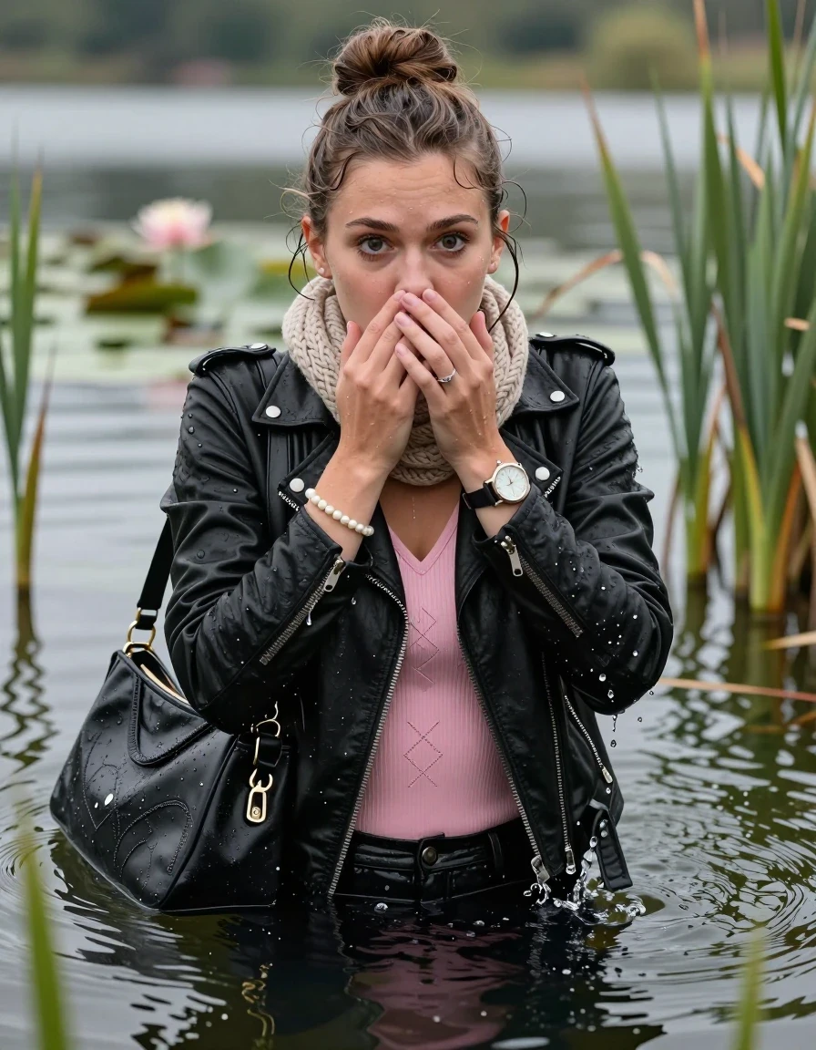 photo of young woman, in soaking wet, drenched clothes,
, , black biker leatherjacket, tight pink v-neck sweater with diamond pattern belly free, shoulderbag, pearl necklace, bracelet, wristwatch, knitted scarf, Swimming and sinking deep into the water after diving in a lake with water lilies and reeds, 
enjoying, wet clothes stuck to body,
detailed textures of the wet clothes, wet face, wet plastered hair,
wet, drenched, professional, high-quality details, full body view.
sharp focus, ultra-high pixel detail, realistic, high-quality, full colors, incredibly detailed, 4k, 8k, 16k, hyper-realistic, RAW photo, masterpiece, ultra-detailed, professionally color graded, professional photograph, half-up with a topknot

25-years-old  teenage girl

Whole body and shoulders are submerged under the surface. closed mouth, big eyes.

she is completely underwater up to her neck. She hide in the reeds and is surprised from visitors.

hold her hands on her mouth and nose.

her submerged clothes are hardly visible under water, she soaked her handbag into the water
she is completely underwater up to her neck, frightened and astonished expression. 

her clothing is soaking wet and clinging tightly to her skin, showing heavy wet folds, darkened fabric texture, and deep water-saturated Patches, her clothes are heavy from the water, water runs from her body and her clothes in streams. A lot of water also runs out of her clothes. Her clothes are darkened by the water. Her submerged clothes are good visible under the water.  she soaked her handbag into the water.

close up view, wet skin, wet clothes, wet hair, damp fabric, water runs down the clothes, wet skin, wet clothes, damp fabric. cinematic medium shot, hyper-realistic wetness, high-contrast water sheen, sharp focus, 16k resolution, professional photography, realistic water physics., wet skin, wet clothes, damp fabric, wet skin, wet clothes, damp fabric, wet skin, wet clothes, damp fabric, wet skin, wet clothes, damp fabric, wet skin, wet clothes, damp fabric