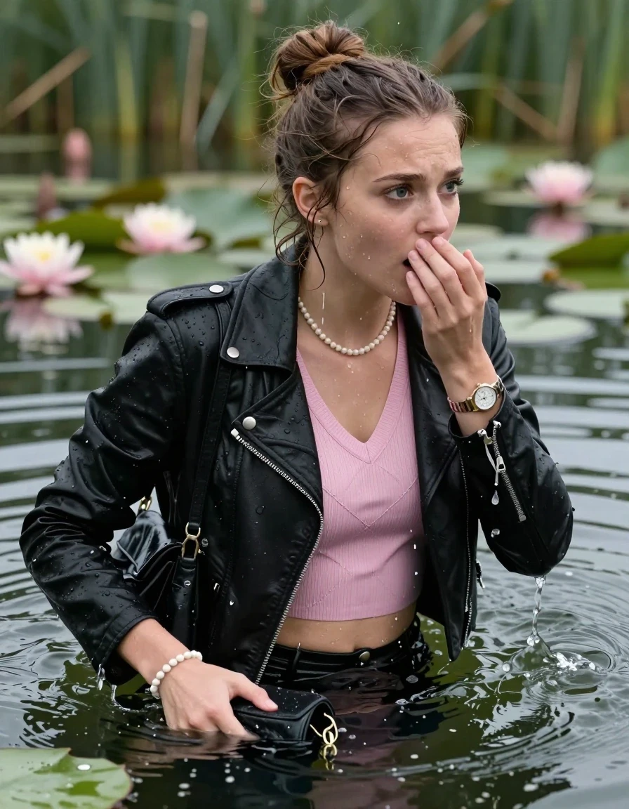 photo of young woman, in soaking wet, drenched clothes,
, , black biker leatherjacket, tight pink v-neck sweater with diamond pattern belly free, shoulderbag, pearl necklace, bracelet, wristwatch, Swimming and sinking deep into the water after diving in a lake with water lilies and reeds, 
enjoying, wet clothes stuck to body,
detailed textures of the wet clothes, wet face, wet plastered hair,
wet, drenched, professional, high-quality details, full body view.
sharp focus, ultra-high pixel detail, realistic, high-quality, full colors, incredibly detailed, 4k, 8k, 16k, hyper-realistic, RAW photo, masterpiece, ultra-detailed, professionally color graded, professional photograph, half-up with a topknot

19-years-old  teenage girl

Looking at side, Whole body and shoulders are submerged under the surface. closed mouth, big eyes.

she is completely underwater up to her neck.

hold a hand over her mouth.

her submerged clothes are hardly visible under water, she soaked her handbag into the water
she is completely underwater up to her neck, frightened and astonished expression. 

her clothing is soaking wet and clinging tightly to her skin, showing heavy wet folds, darkened fabric texture, and deep water-saturated Patches, her clothes are heavy from the water, water runs from her body and her clothes in streams. A lot of water also runs out of her clothes. Her clothes are darkened by the water. Her submerged clothes are good visible under the water.  she soaked her handbag into the water.

close up view, wet skin, wet clothes, wet hair, damp fabric, water runs down the clothes, wet skin, wet clothes, damp fabric. cinematic medium shot, hyper-realistic wetness, high-contrast water sheen, sharp focus, 16k resolution, professional photography, realistic water physics., wet skin, wet clothes, damp fabric, wet skin, wet clothes, damp fabric, wet skin, wet clothes, damp fabric, wet skin, wet clothes, damp fabric, wet skin, wet clothes, damp fabric