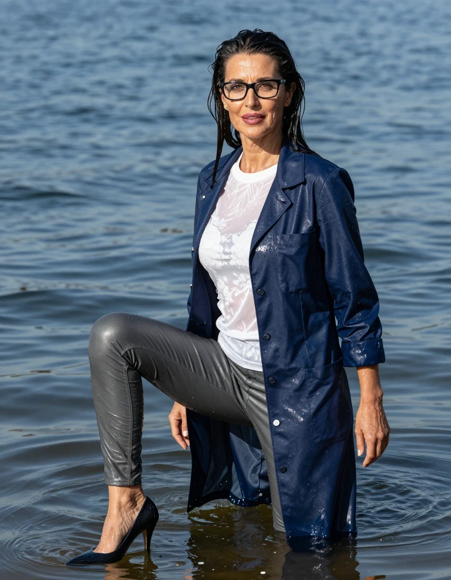 photo of young woman, in soaking wet, drenched clothes,
high-heeled shoes, long gray tight leather jeans, shiny white floral sweater, maxi shiny dark blue labcoat, Swimming submerged inr very deep sunny lake, in water up to the hips, 
enjoying, wet clothes stuck to body,
detailed textures of the wet clothes, wet face, wet plastered hair,
wet, drenched, professional, high-quality details, full body view.
sharp focus, ultra-high pixel detail, realistic, high-quality, full colors, incredibly detailed, 4k, 8k, 16k, hyper-realistic, RAW photo, masterpiece, ultra-detailed, professionally color graded, professional photograph, europen brunette skinny woman 50 years old, long dark black hair, office glasses, very big and thick lips, complete body, wet skin, wet clothes, damp fabric, wet skin, wet clothes, damp fabric, wet skin, wet clothes, damp fabric, wet skin, wet clothes, damp fabric, wet skin, wet clothes, damp fabric, wet skin, wet clothes, damp fabric, wet skin, wet clothes, damp fabric