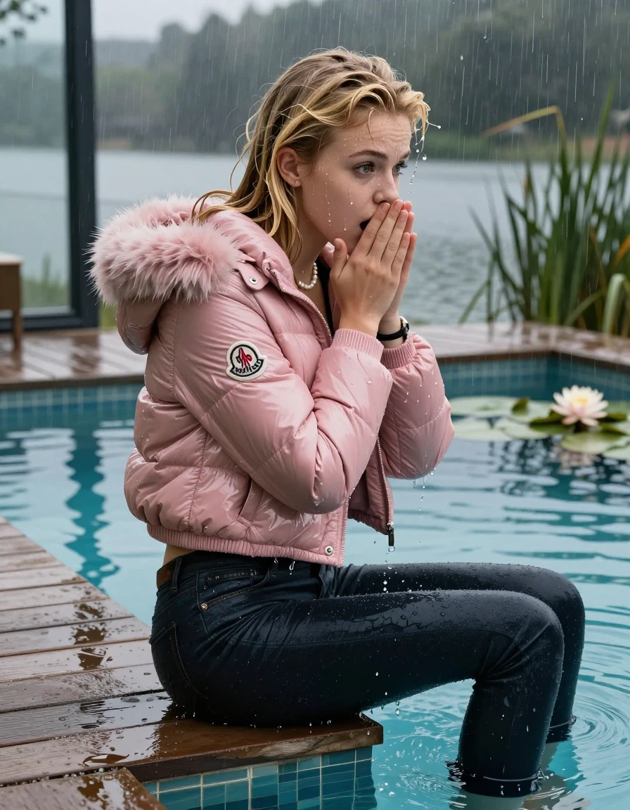 photo of young woman, in soaking wet, drenched clothes,
, Dark levis skinny jeans, Pink Moncler shiny puffer down jacket with fur, Open jacket, tight v-neck sweater, shoulderbag, pearl necklace, bracelet, wristwatch, jetty by the lake with water lilies and reeds, 
enjoying, wet clothes stuck to body,
detailed textures of the wet clothes, wet face, wet plastered hair,
wet, drenched, professional, high-quality details, full body view.
sharp focus, ultra-high pixel detail, realistic, high-quality, full colors, incredibly detailed, 4k, 8k, 16k, hyper-realistic, RAW photo, masterpiece, ultra-detailed, professionally color graded, professional photograph, A realistic vertical fashion photograph taken from a backward, behind-the-back angle of a 15-year-old girl sitting  and slides in a glass-walled outdoor swimming pool, facing down to the camera to show her back. She is tilting her head at camera, letting the water drench her hair so it is glued flat against her head and body. She has blonde Sleek long straight hair , completely saturated and dripping wet hair, with water cascading down her face and neck. Afraid and astonished expression. cover her mouth with her hands. open mouth, big eyes. The lighting is bright and cinematic, highlighting the glistening water droplets on her skin and the saturated texture of her  casual clothes. Outside the large glass wall of the pool building, heavy rain is visible falling against the window. Soft, moody indoor lighting with reflections on the water. High-quality fashion photography style.
her clothing is soaking wet and clinging tightly to her skin, showing heavy wet folds, darkened fabric texture, and deep water-saturated Patches, her clothes are heavy from the water, water runs from her body and her clothes in streams. A lot of water also runs out of her clothes. Her clothes are darkened by the water. 
hyper-realistic wetness, high-contrast water sheen, sharp focus, 16k resolution, professional photography, realistic water physics., wet skin, wet clothes, damp fabric, wet skin, wet clothes, damp fabric, wet skin, wet clothes, damp fabric, wet skin, wet clothes, damp fabric, wet skin, wet clothes, damp fabric, wet skin, wet clothes, damp fabric, wet skin, wet clothes, damp fabric, wet skin, wet clothes, damp fabric, wet skin, wet clothes, damp fabric, wet skin, wet clothes, damp fabric, wet skin, wet clothes, damp fabric, wet skin, wet clothes, damp fabric, wet skin, wet clothes, damp fabric, wet skin, wet clothes, damp fabric, wet skin, wet clothes, damp fabric, wet skin, wet clothes, damp fabric, wet skin, wet clothes, damp fabric, wet skin, wet clothes, damp fabric, wet skin, wet clothes, damp fabric, wet skin, wet clothes, damp fabric, wet skin, wet clothes, damp fabric, wet skin, wet clothes, damp fabric