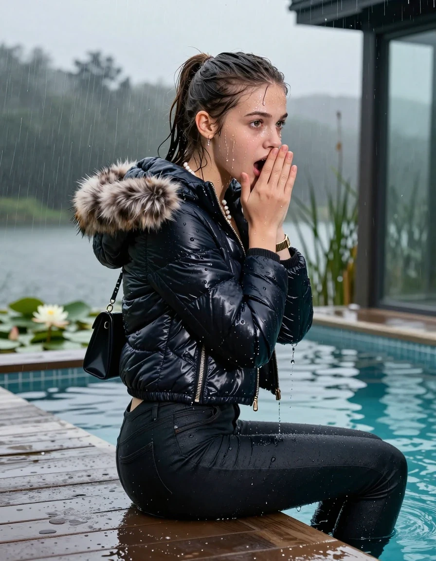 photo of young woman, in soaking wet, drenched clothes,
, Dark levis skinny jeans, Moncler shiny puffer down jacket with fur, Open jacket, tight v-neck sweater, shoulderbag, pearl necklace, bracelet, wristwatch, Orgasm in jetty by the lake with water lilies and reedsk, 
enjoying, wet clothes stuck to body,
detailed textures of the wet clothes, wet face, wet plastered hair,
wet, drenched, professional, high-quality details, full body view.
sharp focus, ultra-high pixel detail, realistic, high-quality, full colors, incredibly detailed, 4k, 8k, 16k, hyper-realistic, RAW photo, masterpiece, ultra-detailed, professionally color graded, professional photograph, A realistic vertical fashion photograph taken from a backward, behind-the-back angle of a 15-year-old teenage girl sitting  in a glass-walled outdoor swimming pool, facing down to the camera to show her back. She is tilting her head at camera, letting the water drench her hair so it is glued flat against her head and body. She has a Sleek flipped ponytail, completely saturated and dripping wet hair, with water cascading down her face and neck. Afraid and astonished expression. cover her mouth with her hands. open mouth, big eyes. The lighting is bright and cinematic, highlighting the glistening water droplets on her skin and the saturated texture of her  casual clothes. Outside the large glass wall of the pool building, heavy rain is visible falling against the window. Soft, moody indoor lighting with reflections on the water. High-quality fashion photography style.
her clothing is soaking wet and clinging tightly to her skin, showing heavy wet folds, darkened fabric texture, and deep water-saturated Patches, her clothes are heavy from the water, water runs from her body and her clothes in streams. A lot of water also runs out of her clothes. Her clothes are darkened by the water. 
hyper-realistic wetness, high-contrast water sheen, sharp focus, 16k resolution, professional photography, realistic water physics., wet skin, wet clothes, damp fabric, wet skin, wet clothes, damp fabric, wet skin, wet clothes, damp fabric, wet skin, wet clothes, damp fabric, wet skin, wet clothes, damp fabric, wet skin, wet clothes, damp fabric, wet skin, wet clothes, damp fabric, wet skin, wet clothes, damp fabric, wet skin, wet clothes, damp fabric, wet skin, wet clothes, damp fabric, wet skin, wet clothes, damp fabric, wet skin, wet clothes, damp fabric, wet skin, wet clothes, damp fabric, wet skin, wet clothes, damp fabric, wet skin, wet clothes, damp fabric, wet skin, wet clothes, damp fabric, wet skin, wet clothes, damp fabric, wet skin, wet clothes, damp fabric, wet skin, wet clothes, damp fabric, wet skin, wet clothes, damp fabric